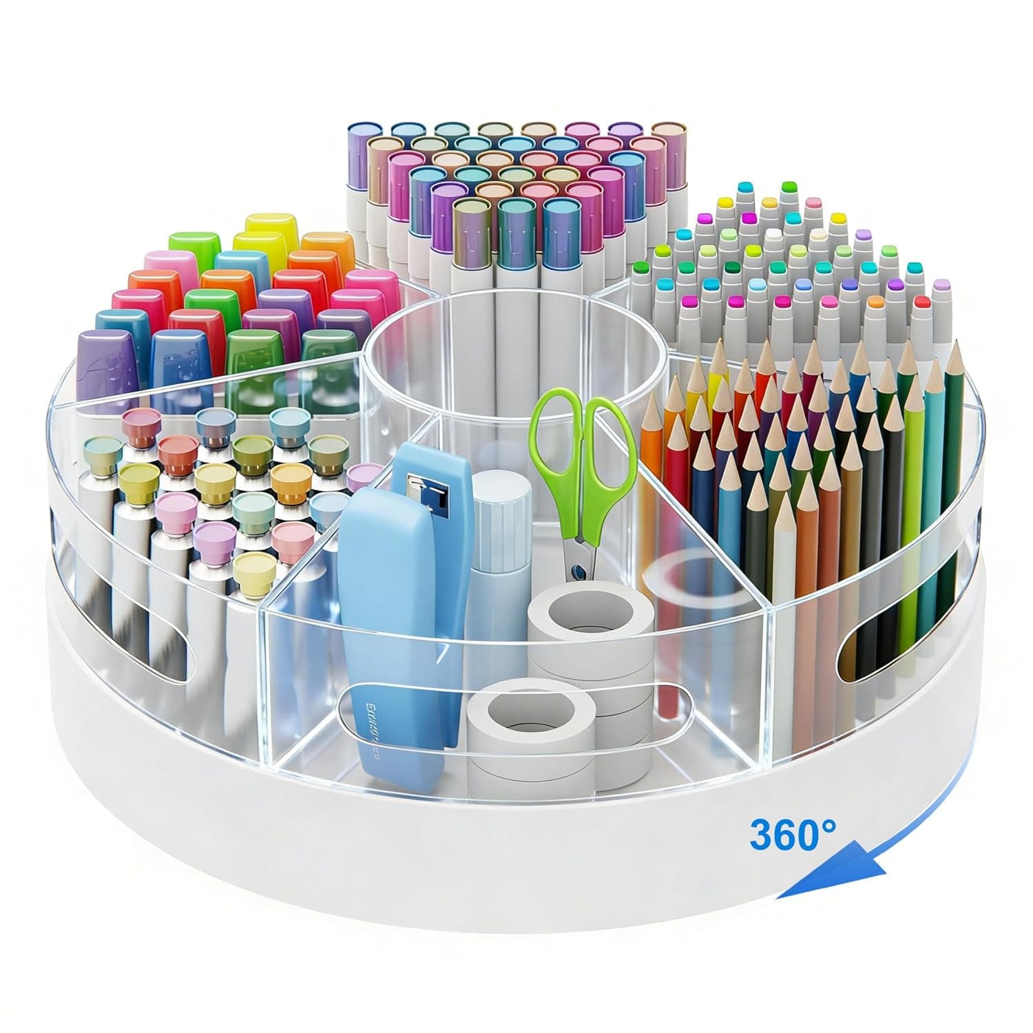 CraftGenes Rotating Pen Organizer for Desk, White Base & Acrylic Pen Holder, 360° Smooth Spinning Desk Organizer with 7 Removable Compartments for Office, Home, Classroom, Marker Organizer | White Base with Clear Acrylic Compartments; Organize Markers, Pens, and Art Supplies for Desk, School, and Craft Rooms