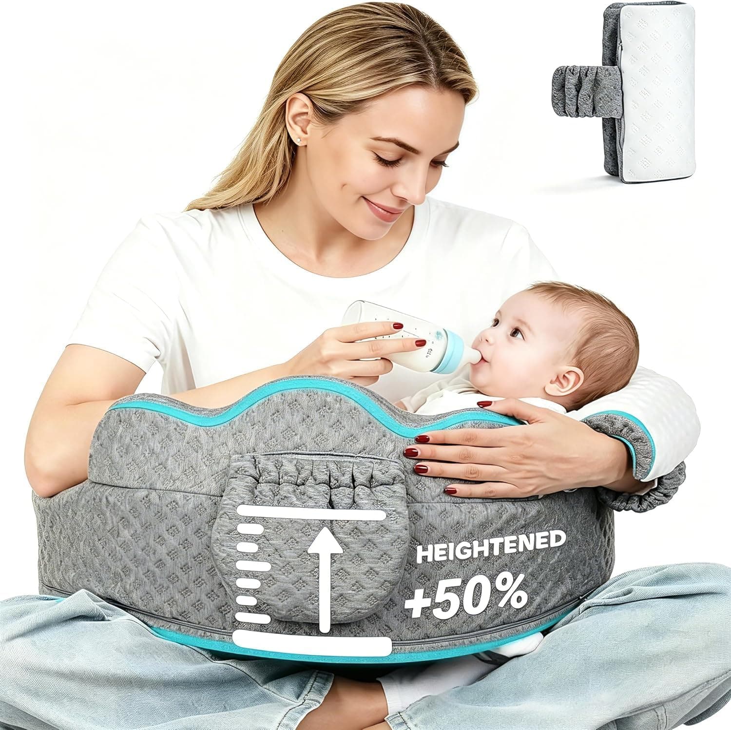 Hcosmy Nursing Pillow for Breastfeeding and Bottle Feeding, Heightened Widened Baby Feeding Pillow with Inclined Infant Support Cushion, Breathable Cover, Arm Rest Pillow and Built-in Pocket