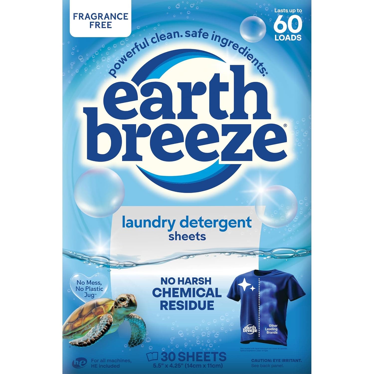 Earth Breeze Laundry Detergent Sheets - Fragrance Free - No Plastic Jug (60 Loads) 30 Sheets, Liquidless Technology