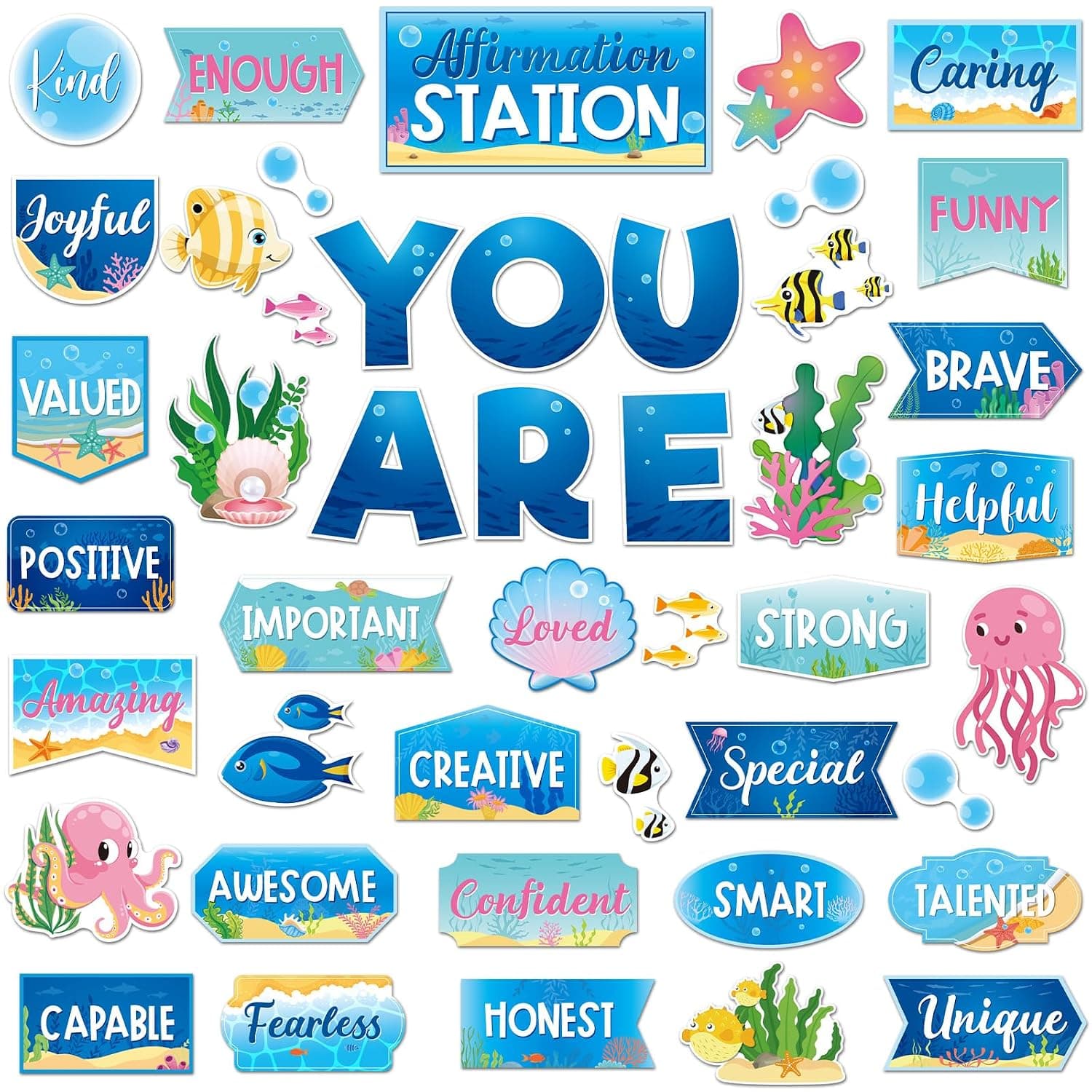 45 Pcs Ocean Affirmation Station Bulletin Board Set Motivational Posters Classroom Mirror Growth Mindset Decor Positive Affirmations Accents Cutouts for School Office Home Teacher Wall