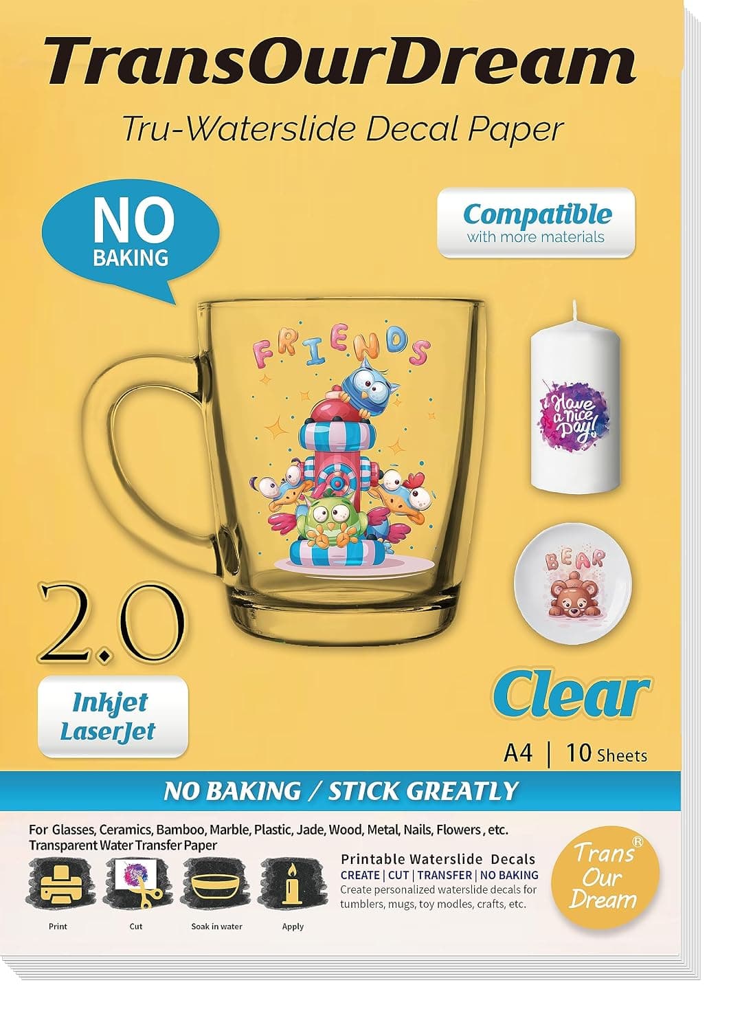 TransOurDream Water Slide Decal Paper for Inkjet & Laser Printer CLEAR (10 Sheets, A4 Size) Transparent Waterslide Transfer Paper Printable Waterslide Paper for Tumblers, Mugs, Glasses.