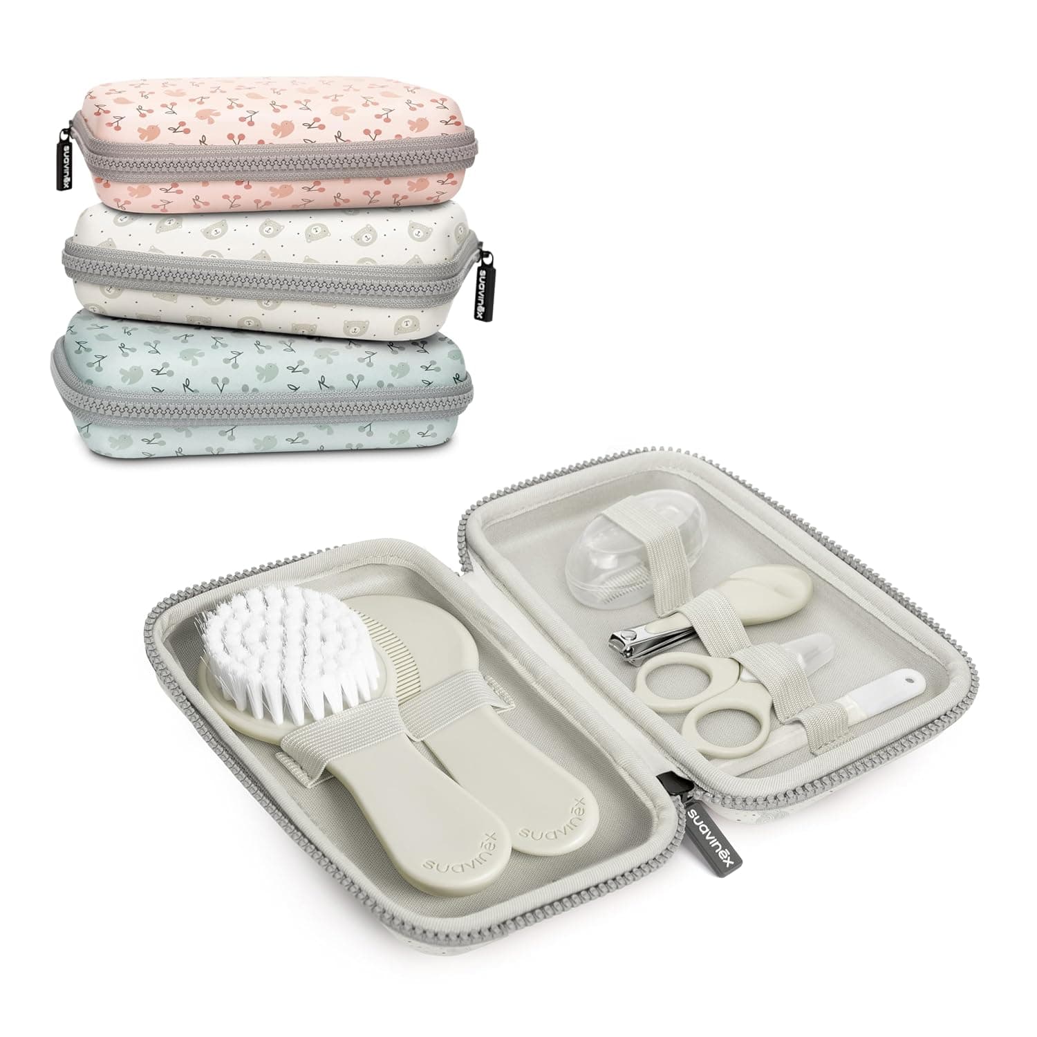 Suavinex, Baby Grooming Kit Complete Portable Toiletry Bag Manicure Kit Contains: Brush & Comb + Toothbrush + Scissors + File + Nail Clippers 6 Pieces Grey