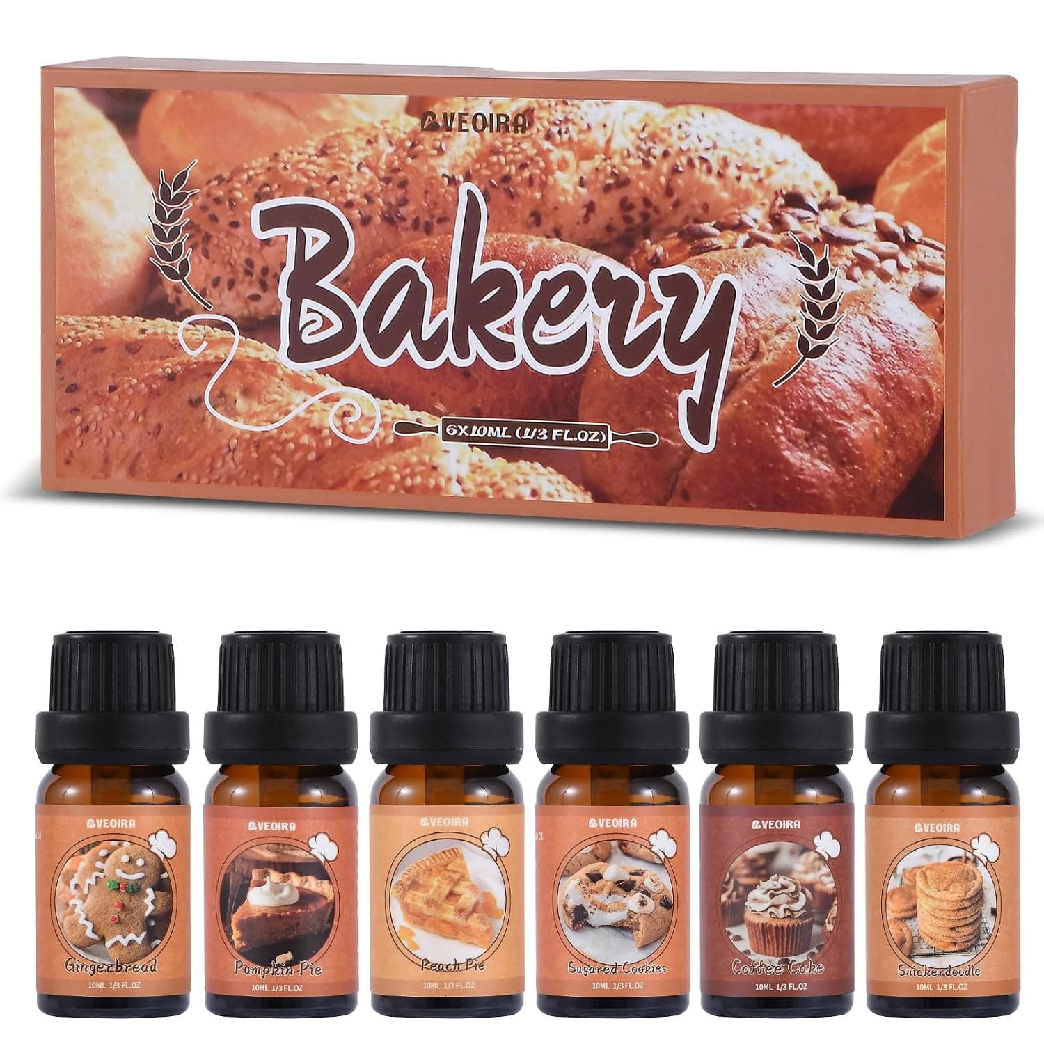 Bakery Fragrance Oils Set, Sweet Essential Oil Set for Diffuser, Candle, Soap Making Scented Oils, Peach Pie, Pumpkin Pie, Snickerdoodle, Coffee Cake, Sugared Cookies, Gingerbread, 6x10ml