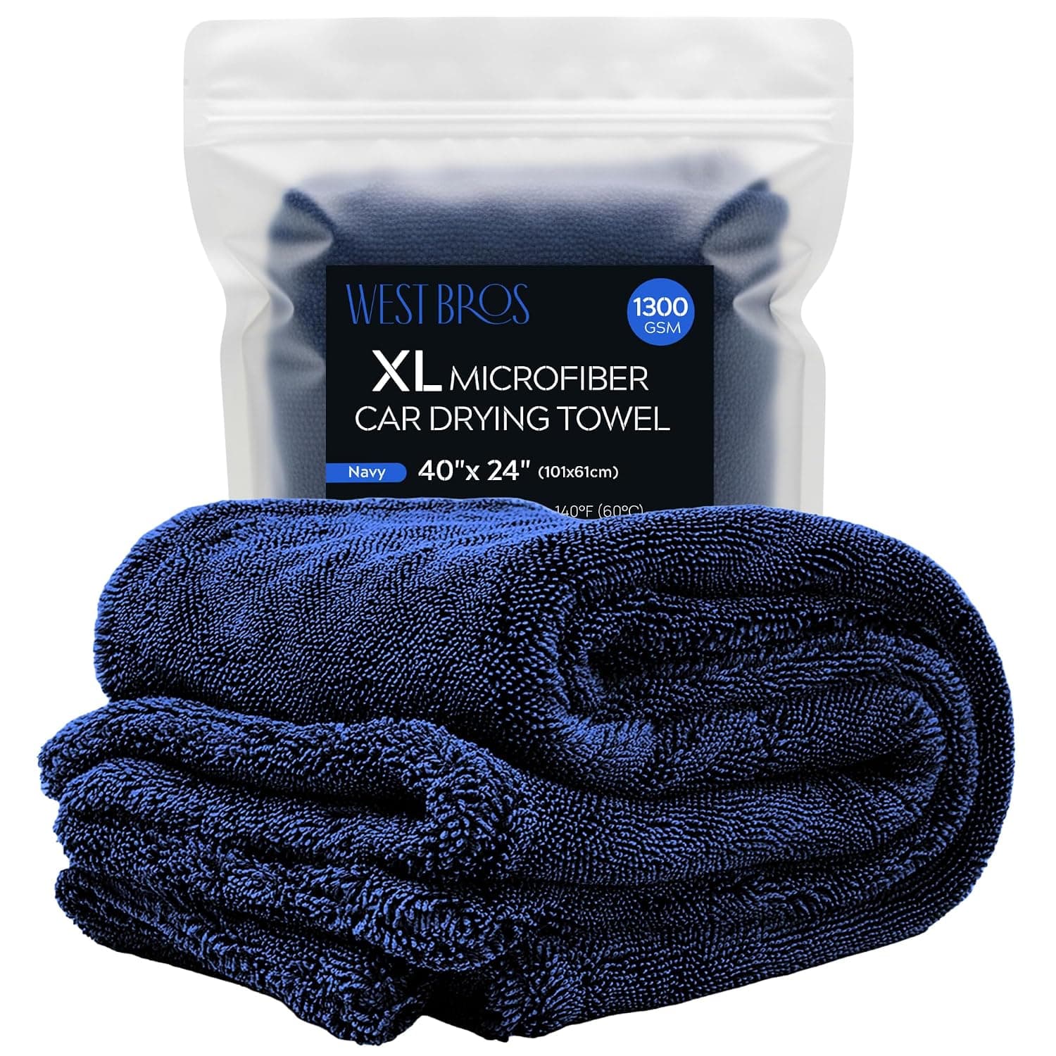 Microfiber Car Drying Towel 1300 GSM Double Twisted Loop – Premium Extra Large Auto Wash Towel for Cars Trucks SUV - Super Absorbent Detailing Cleaning Cloth XL 40x24 1-Pack (Navy)