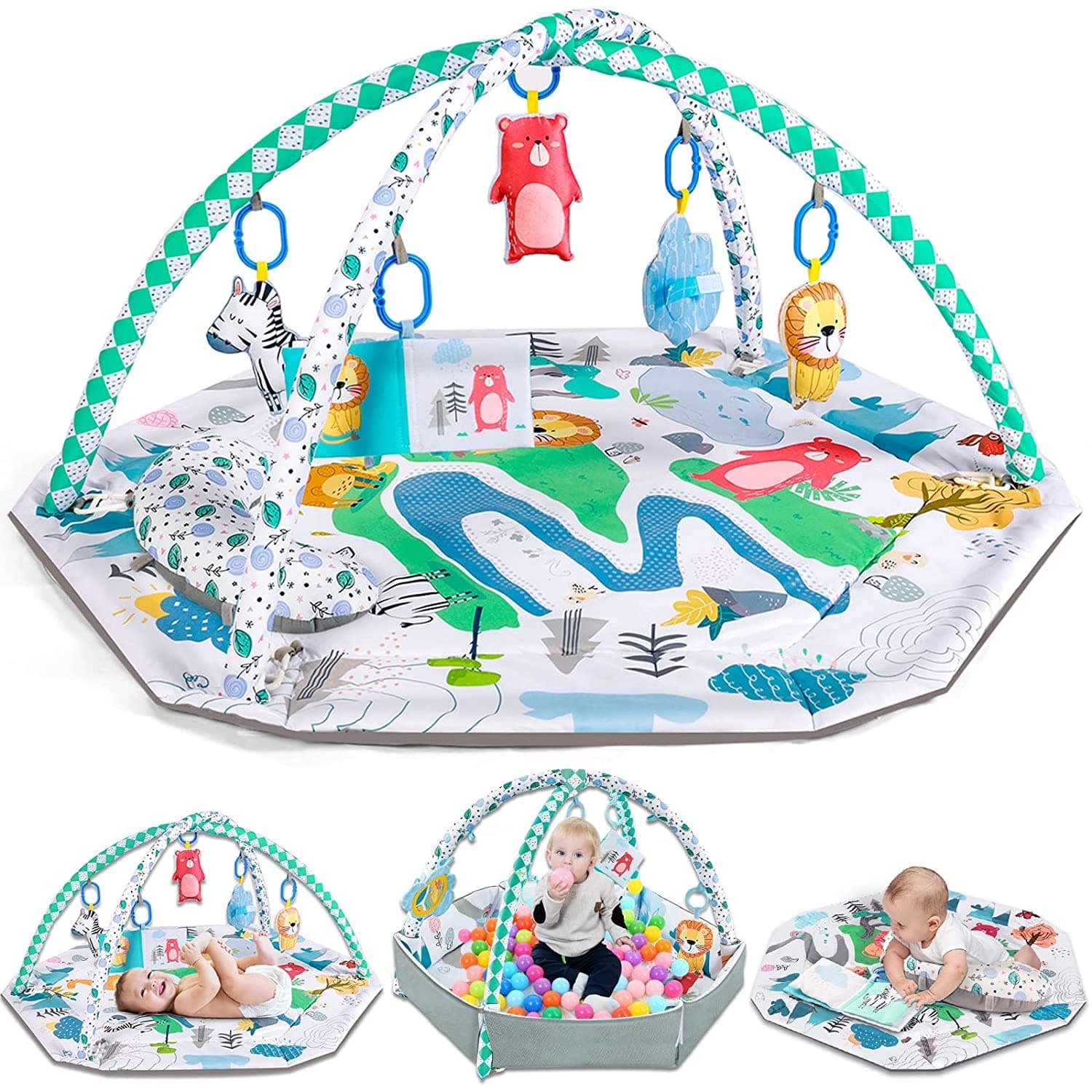 DMG Tummy Time Mat, 4-in-1 Baby Gym Activity Play Mat & Ball Pit, with High Contrast Toys & Self-Discovery Mirror & Tummy Time Pillow for Sensory and Motor Skill Development