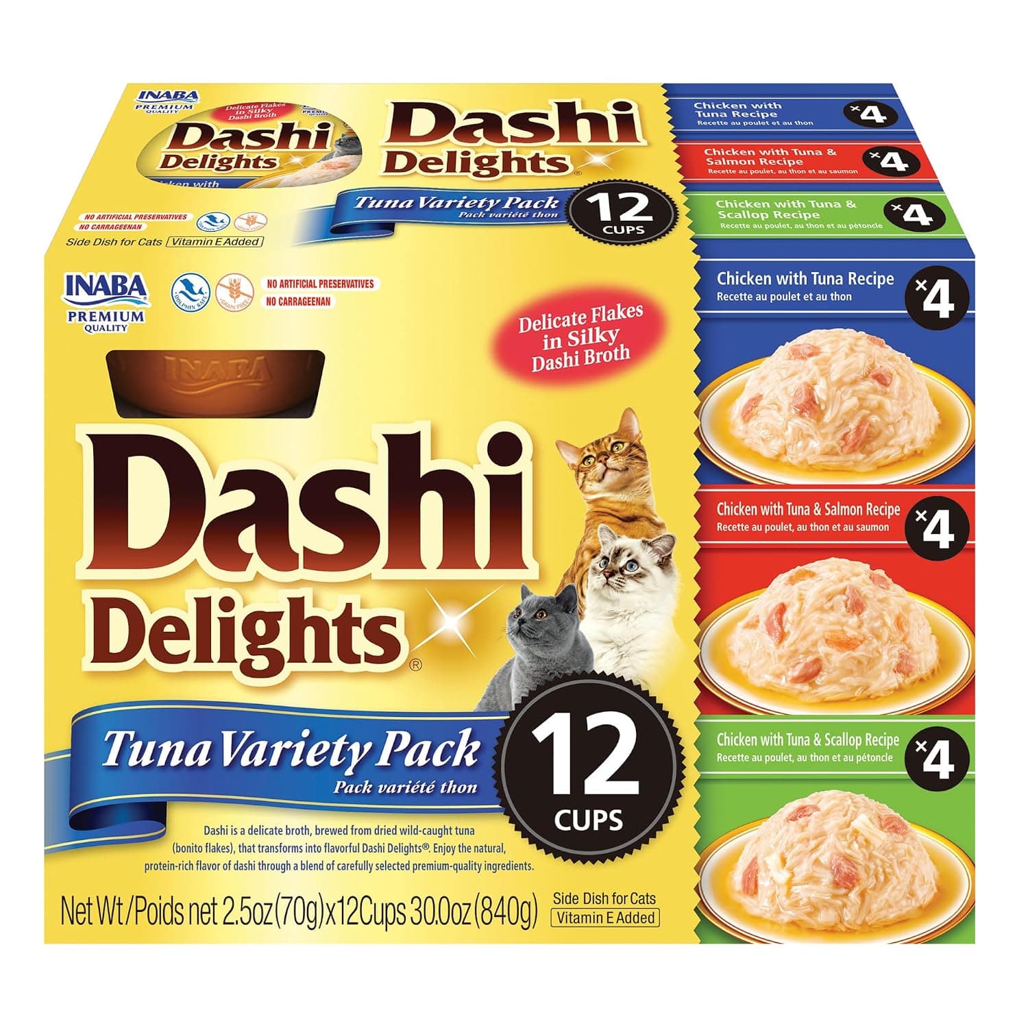 INABA Dashi Delights for Cats, Shredded Chicken with Bonito Flake Broth, 2.5 Ounce Cup, 12 Cups Total, Tuna Variety | Immune support, Antioxidant support, 88% moisture, Shredded chicken, Dashi broth side dish, Grain-free, 12 x 2.5 oz cups