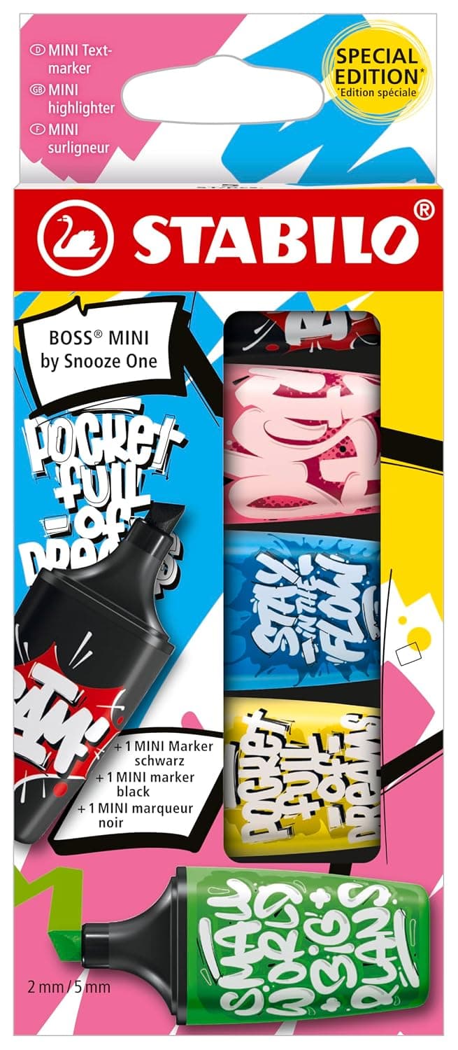 Highlighter - STABILO BOSS MINI by Snooze One - Pack of 5 - Pink, Blue, Yellow, Green & Black