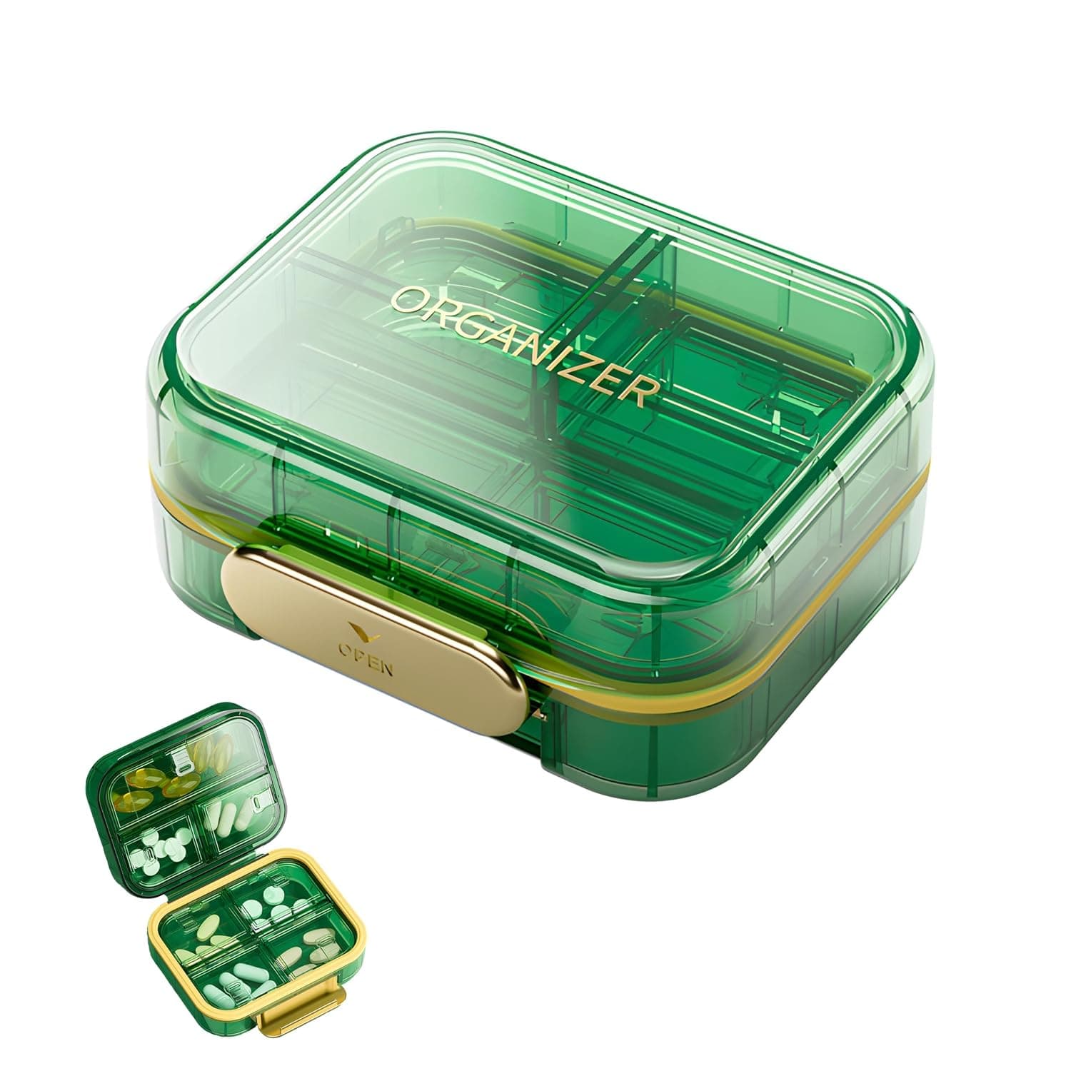 7 Compartments Portable Travel Pill Organizer, Pill Box for Purse, Moisture Proof Pill Case, Small Pill Container, Pocket Pharmacy, Medicine Vitamin Box, Fish Oil Box, Supplement Box (Green)