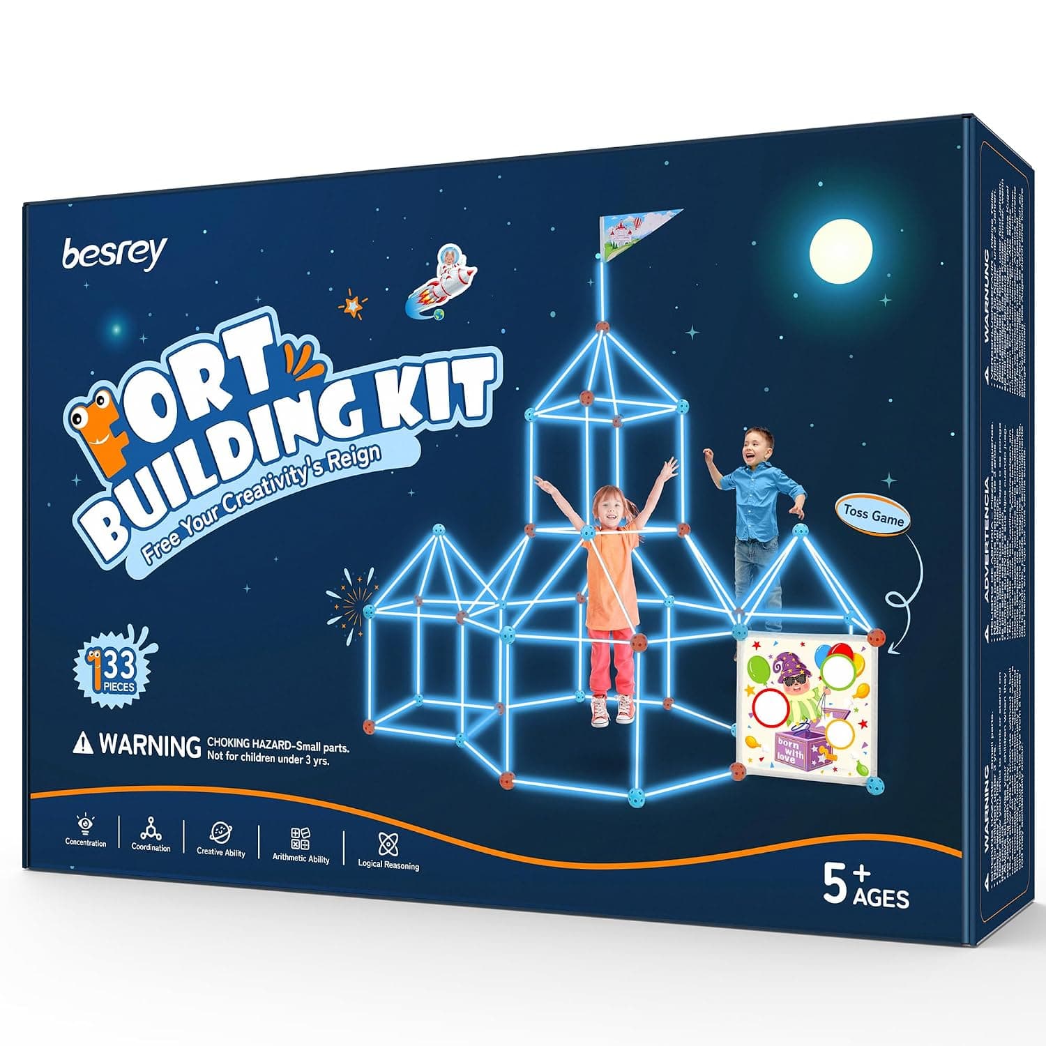 besrey Children's Cave - 133 Pieces Construction Toy with Throwing Game, Outdoor Garden Toy, Creative Cave Building Kids Building Set for Indoor/Outdoor, XXL Building Blocks, Fort Building Kit | STEM construction toy with throwing game and glow-in-the-dark creative forts