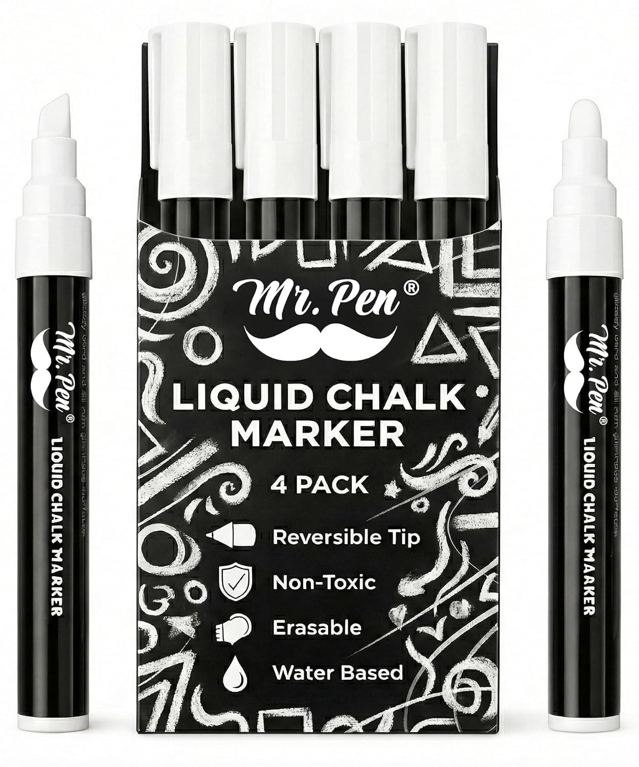 Mr. Pen- White Chalk Markers for Blackboard, 4 Pack, Dual Tip, 8 labels, White Liquid Chalk Marker, For Non-porous Surfaces, Chalkboard Pen | White Non-Toxic Odorless Chalk Markers, Dual Reversible Chisel & Bullet Tip, Ideal for Non-Porous Chalkboards