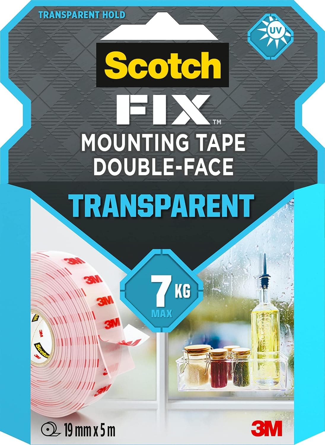Scotch-Fix Double Sided Tape, Transparent Mounting Tape, 19 mm x 5 m, For