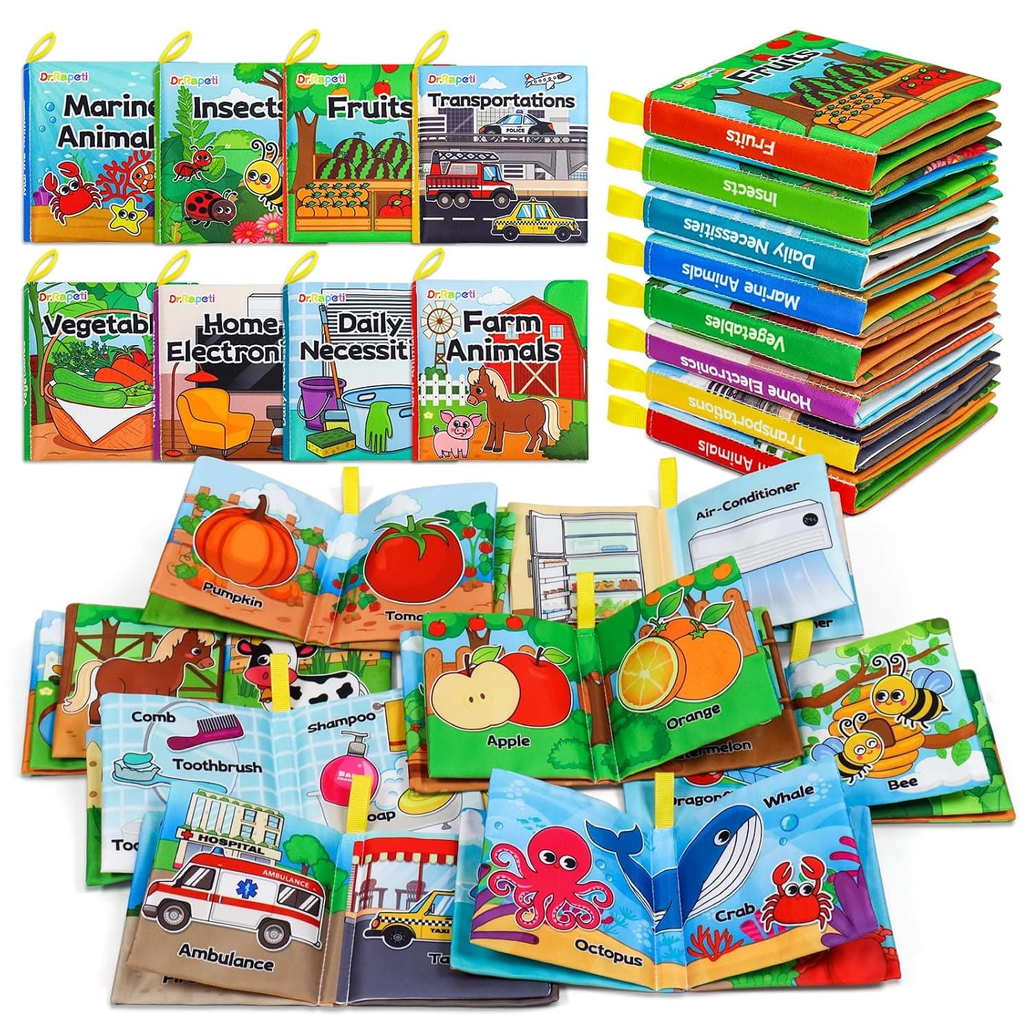 Dr.Rapeti Soft Cloth Books Baby Books Bath Books 8-Pack for Baby Infant Toddler Kid Crinkle Washable Chewable Non-Toxic Early Educational Preschool Learning Giftable | Washable, Nontoxic, Baby Shower Toy, Educational Learning Toy, Sensory Book, Baby Soft Cloth Book, Crinkle Soft Book