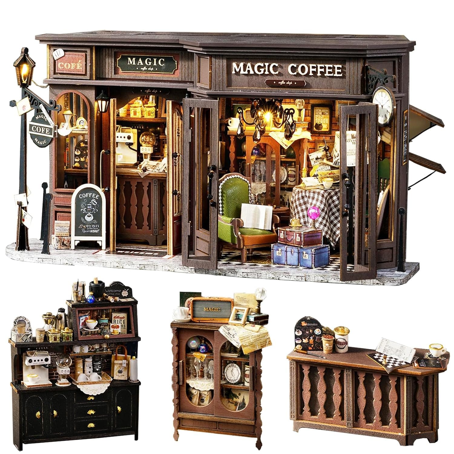 Spilay DIY Miniature House Kit with Wooden Furniture, DIY Dollhouse Kit with Dustproof Cover and LED, Scale 1:24 Creative for Women, Girlfriend, Lovers (Vintage Café)