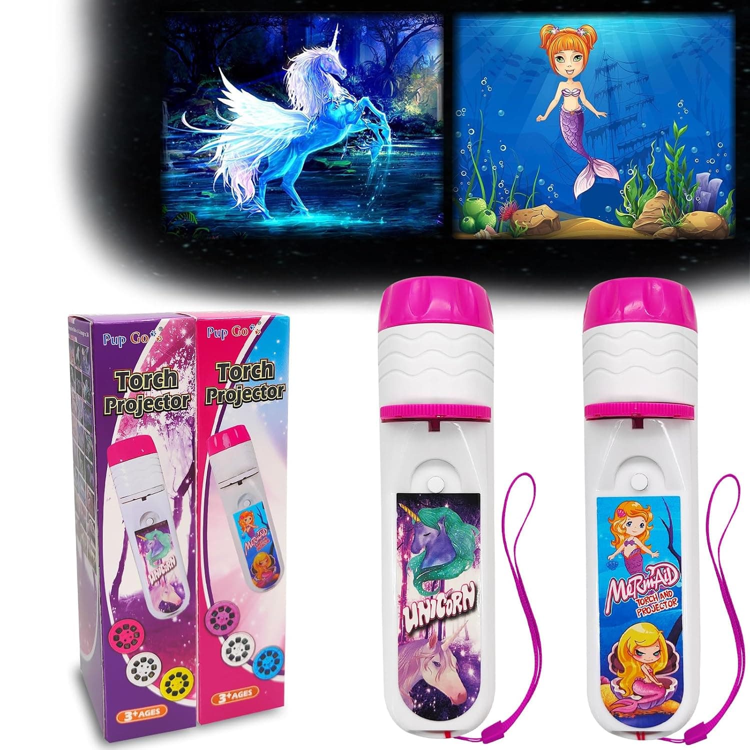 Pup Go 2-Pack Mermaid & Unicorn Torch and Projector for Girls Age 3 4 5 6 7