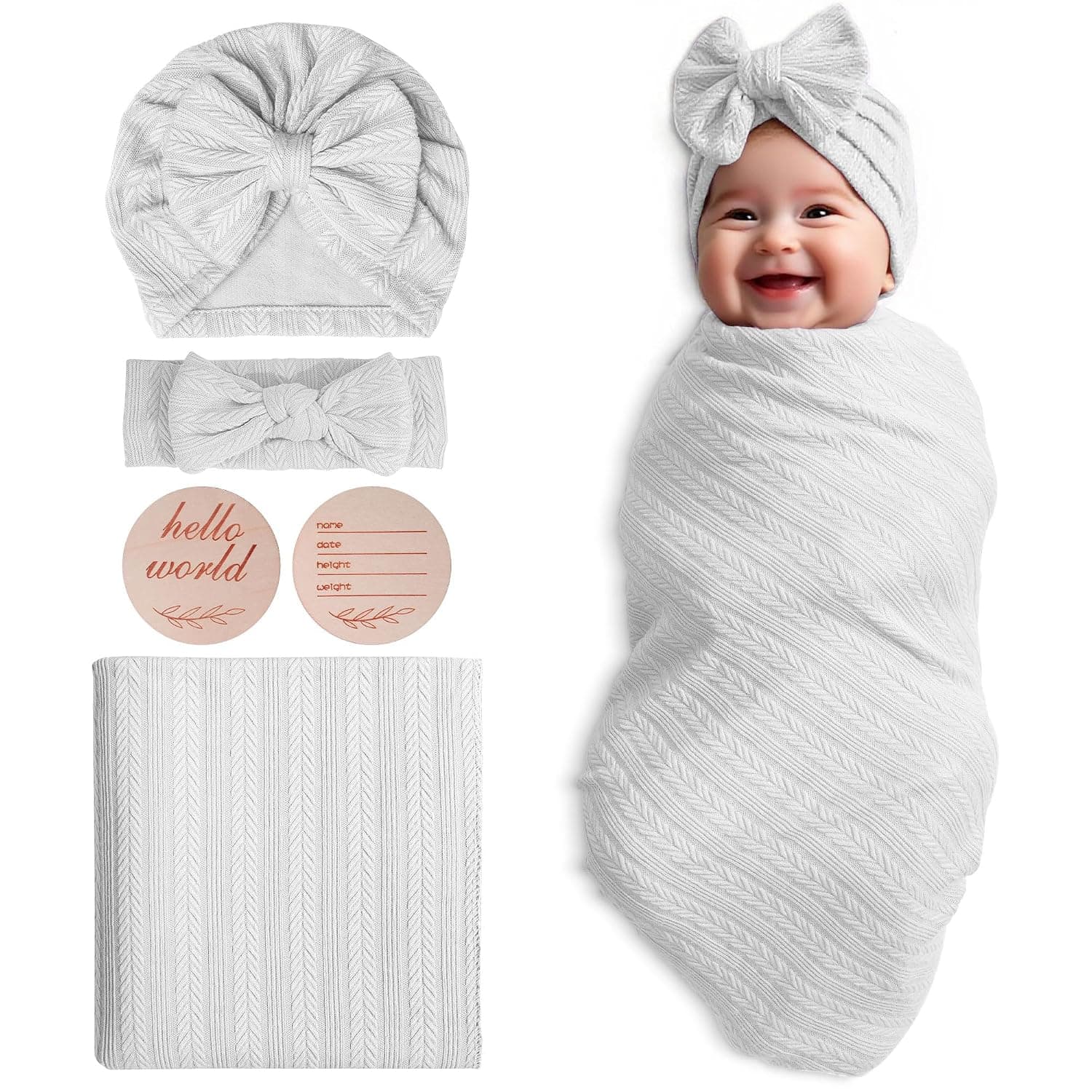 Muslin Blanket,Baby Swaddle Set Newborn - Receiving Headband Blankets and Bow Hat,Newborn Essentials, Soft Nursery Swaddling Blankets,Stretchy Baby Blankets for Girls and Boys Unisex(White)
