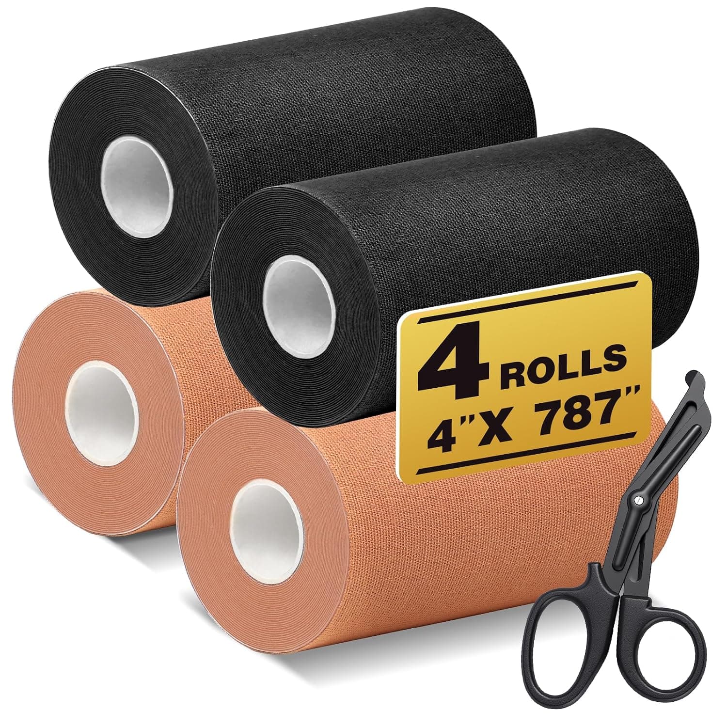 TEAWO Extra Wide Kinesiology Tape 4 Rolls (4in X 16.4Ft) – Waterproof, Hypoallergenic, Latex-Free Athletic Tape, Muscle & Joint Support for Sports Recovery (2 Beige + 2 Black with Scissors)
