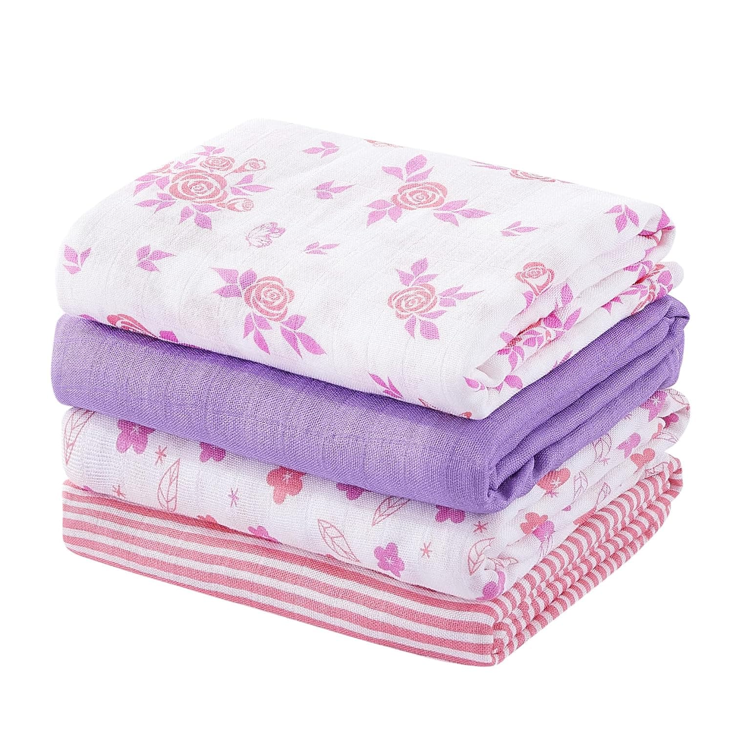 Viviland Muslin Swaddle Blanket, Baby Swaddle Blanket for Boys & Girls, Nursery Receiving Blanket for Newborn, Baby Swaddle Wrap Soft Silky & Breathable, 4 Packs, 47 X 47In, Purple Rose