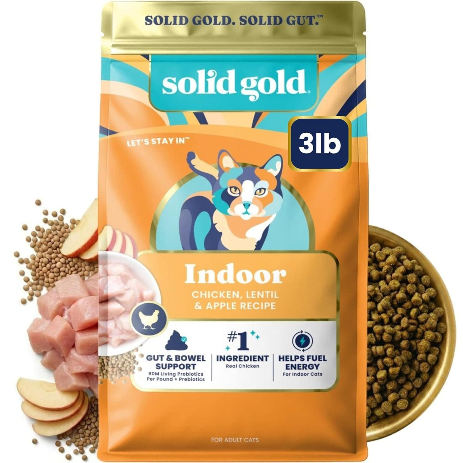 Solid Gold Cat Dry Food Grain Free Chicken Lentil Apple Recipe Adult Indoor - 1.36 Kg