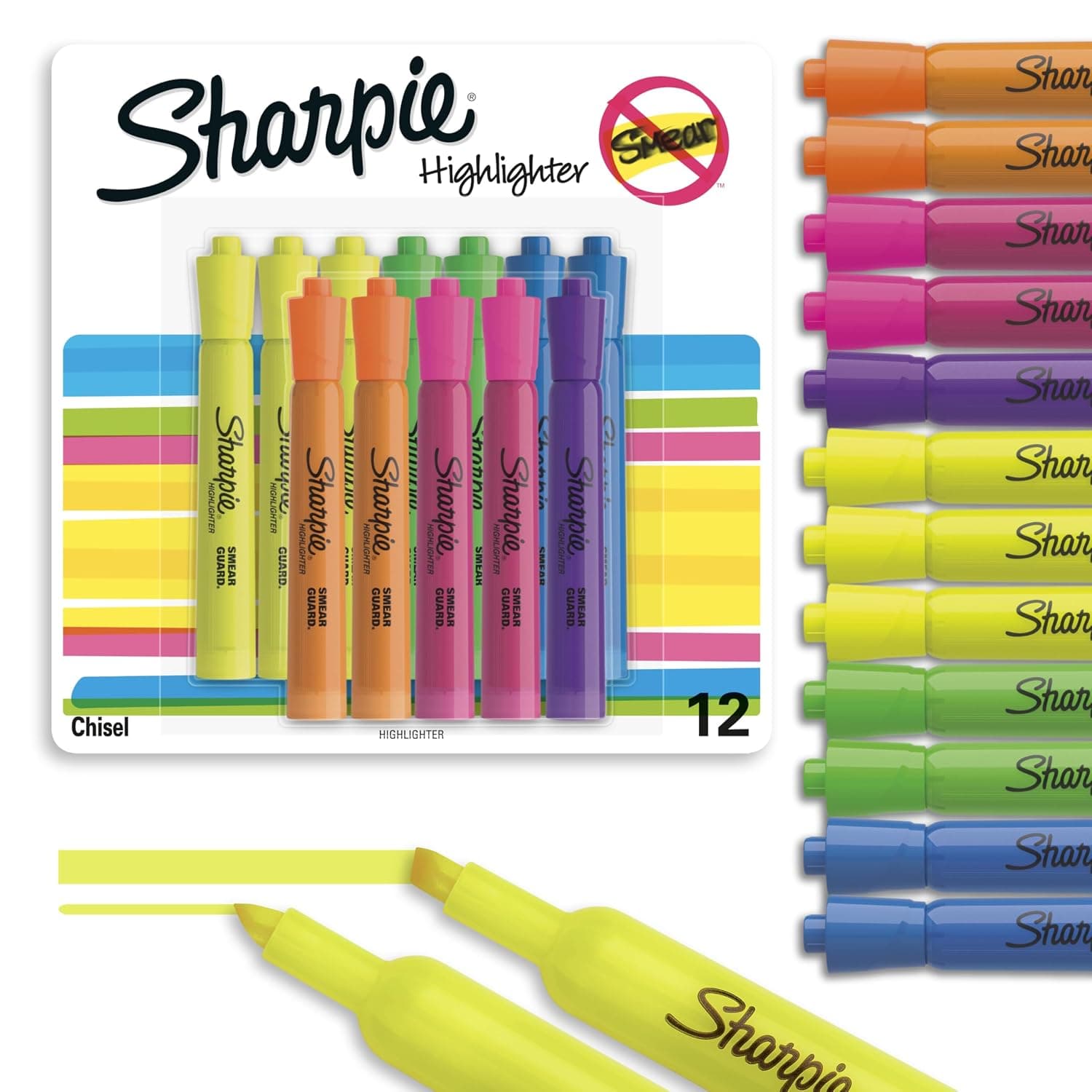 SHARPIE Tank Style highlighters, Assorted Ink Colors, Chisel tip, Assorted Barrel Colors, 12/Pack