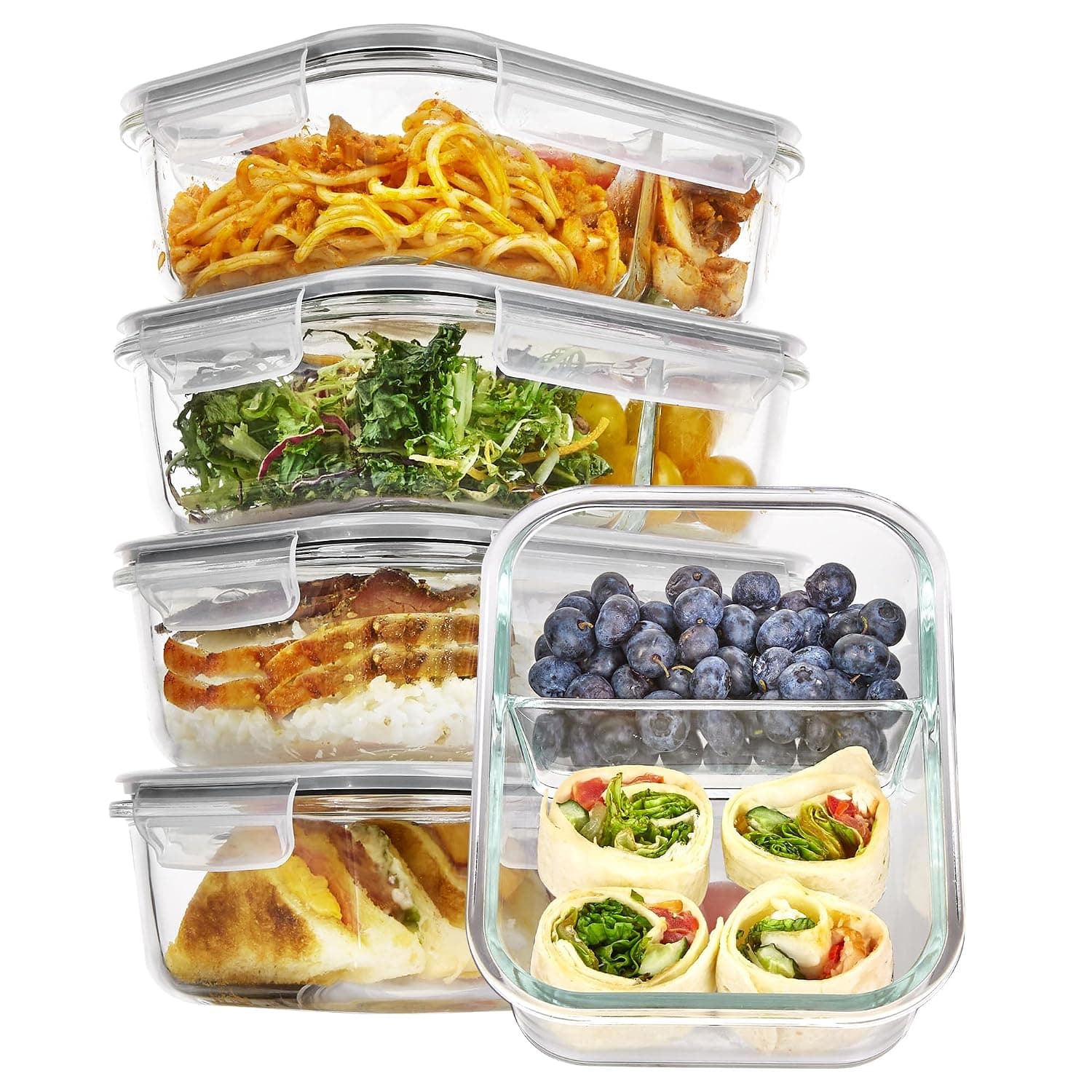 Vtopmart 5 Packs Glass Tupper with 2 Compartments 33 fl oz | Airtight Glass Containers with Lids, Reusable, Dishwasher and Microwave Safe, BPA Free