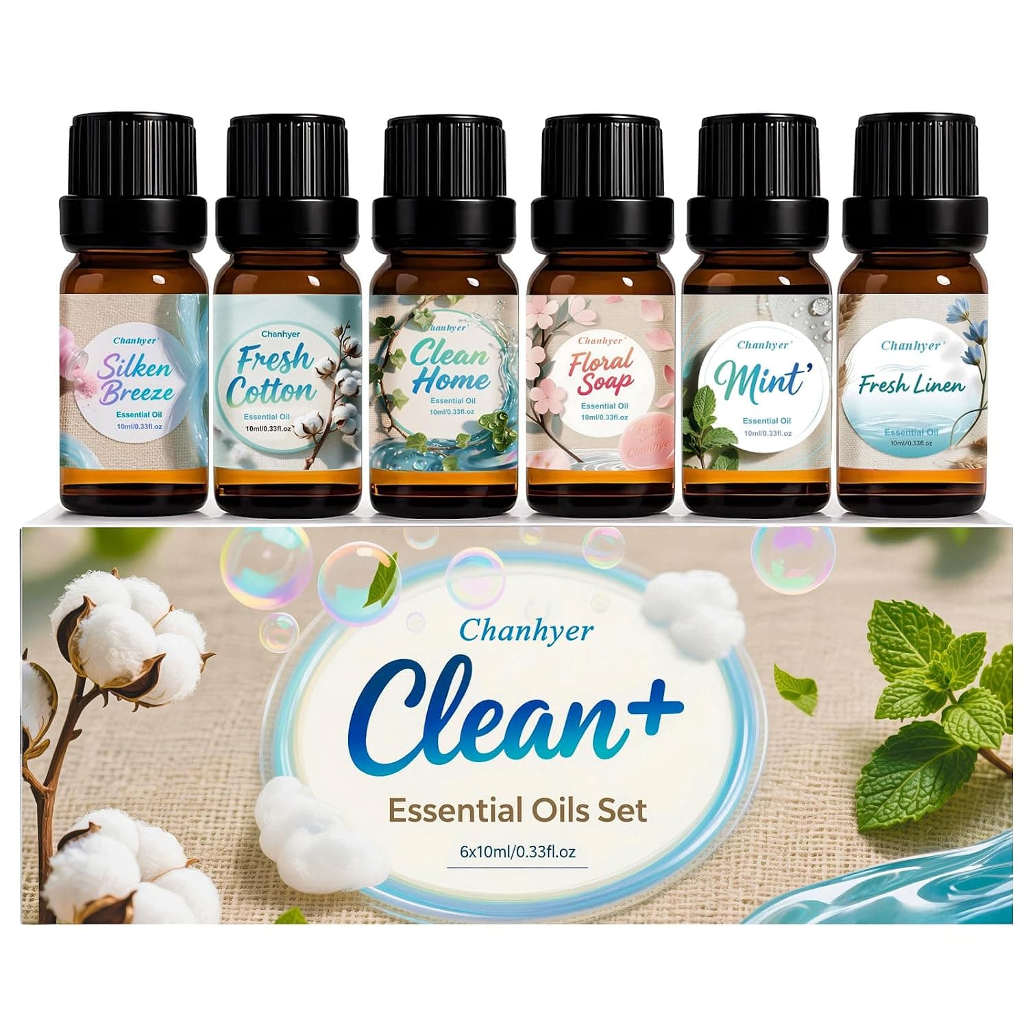 Clean Essential Oils Set for Diffusers for Home 6x10ml | Fresh Linen,Mint,Clean Home,Silken Breeze,Fresh Cotton,Floral Soap for Diffuser,Home Fragrance,Candle,Soap Making
