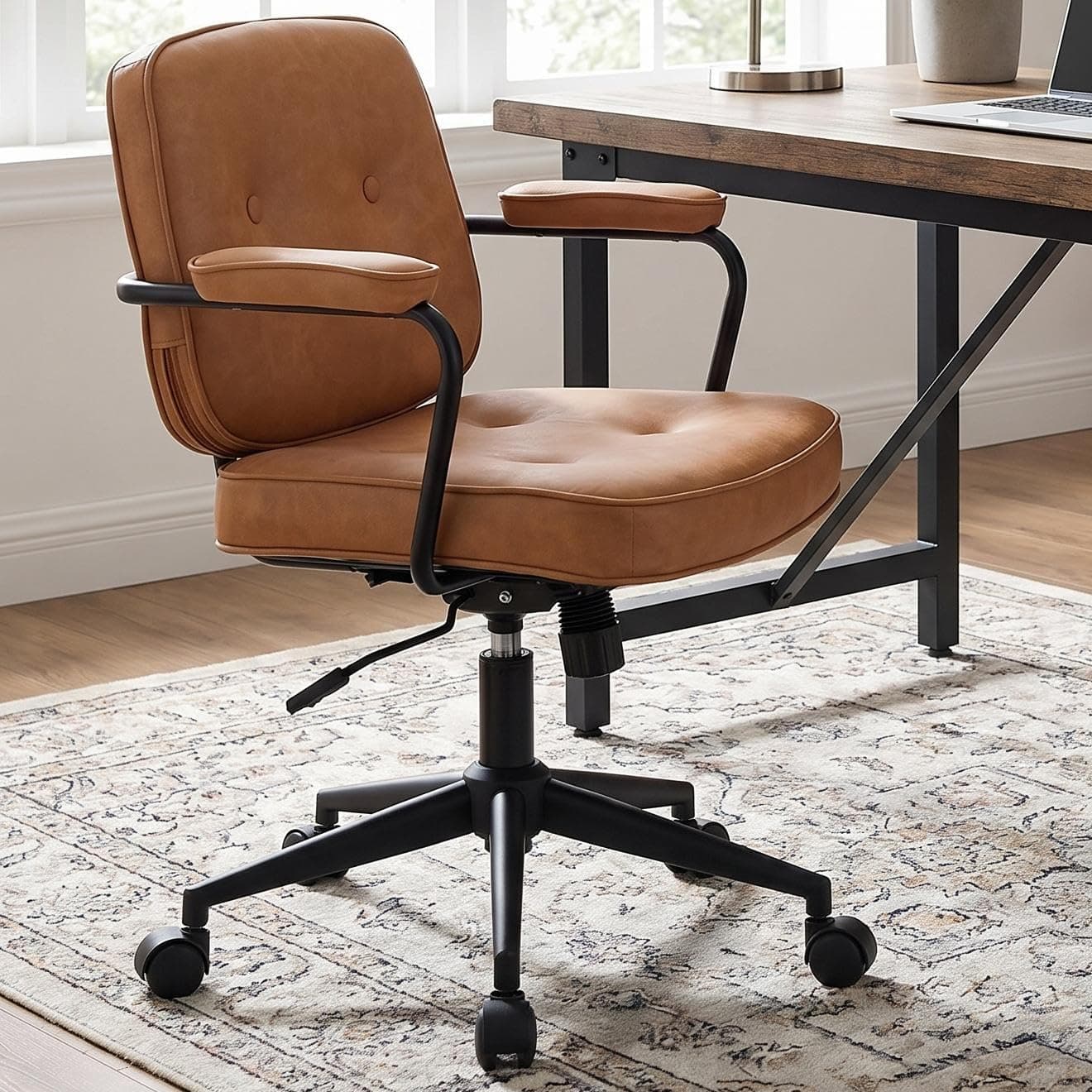 PU Leather Office Chair,TIKHOME Comfy 360° Swivel Desk Chair with Armrest,Mid-Century Modern Vanity Chair with Wheels,Adjustable Ergonomic Computer Chair for Home, Bedroom,Office (Orange)