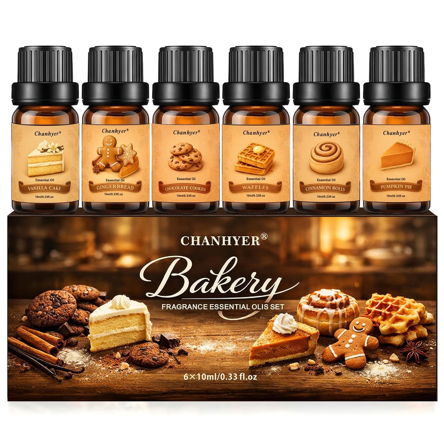 Bakery Essential Oils Set, 6 x 10 ml – Fragrance Oil Set for Oil Diffusers, Candle & Soap Making – Chocolate Cookie, Vanilla Cake, Cinnamon Roll, Pumpkin Pie, Gingerbread & Waffle