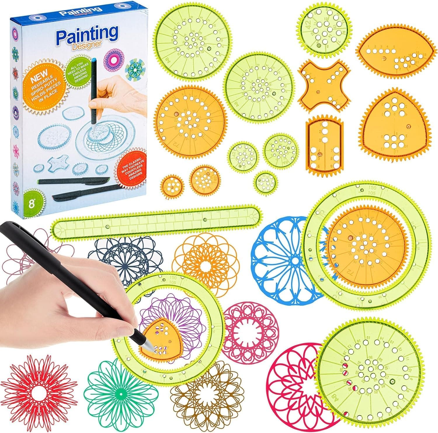 Spiral Art Gear Geometric Ruler 28 Pcs Spiral Circle Template for Drawing Plastic Template Ruler Drawing Toys Spiral Curve Stencils with Pens Paper for Drawing DIY Art Crafts Sketch