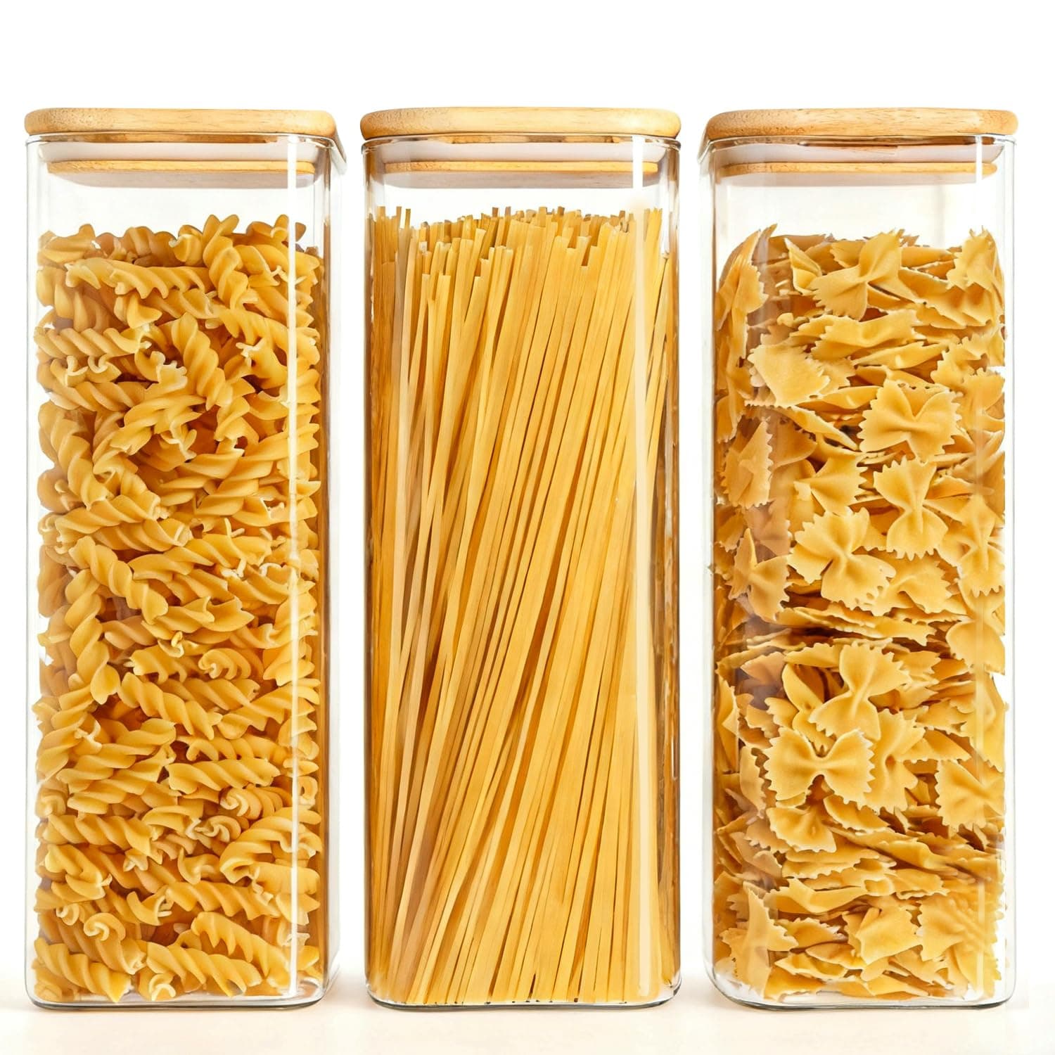 ComSaf 2.1L Glass Spaghetti Storage Jar, Pasta Storage Containers Pack of 3 | Glass Jars with Bamboo Lids for Pasta, Cereal & Dry Food, Kitchen Storage Containers for Home Cooks, Pantry Organization