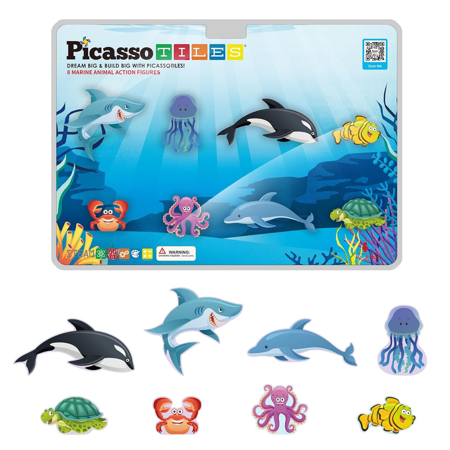 PicassoTiles 8pc Magnet Tile Building Blocks 8 Marine Animal Action Figures Compatible Magnetic Accessory Playset Tiles Kids Toys STEM Educational Learning Preschool Toddler Girls Boys Age 3+ PTA25