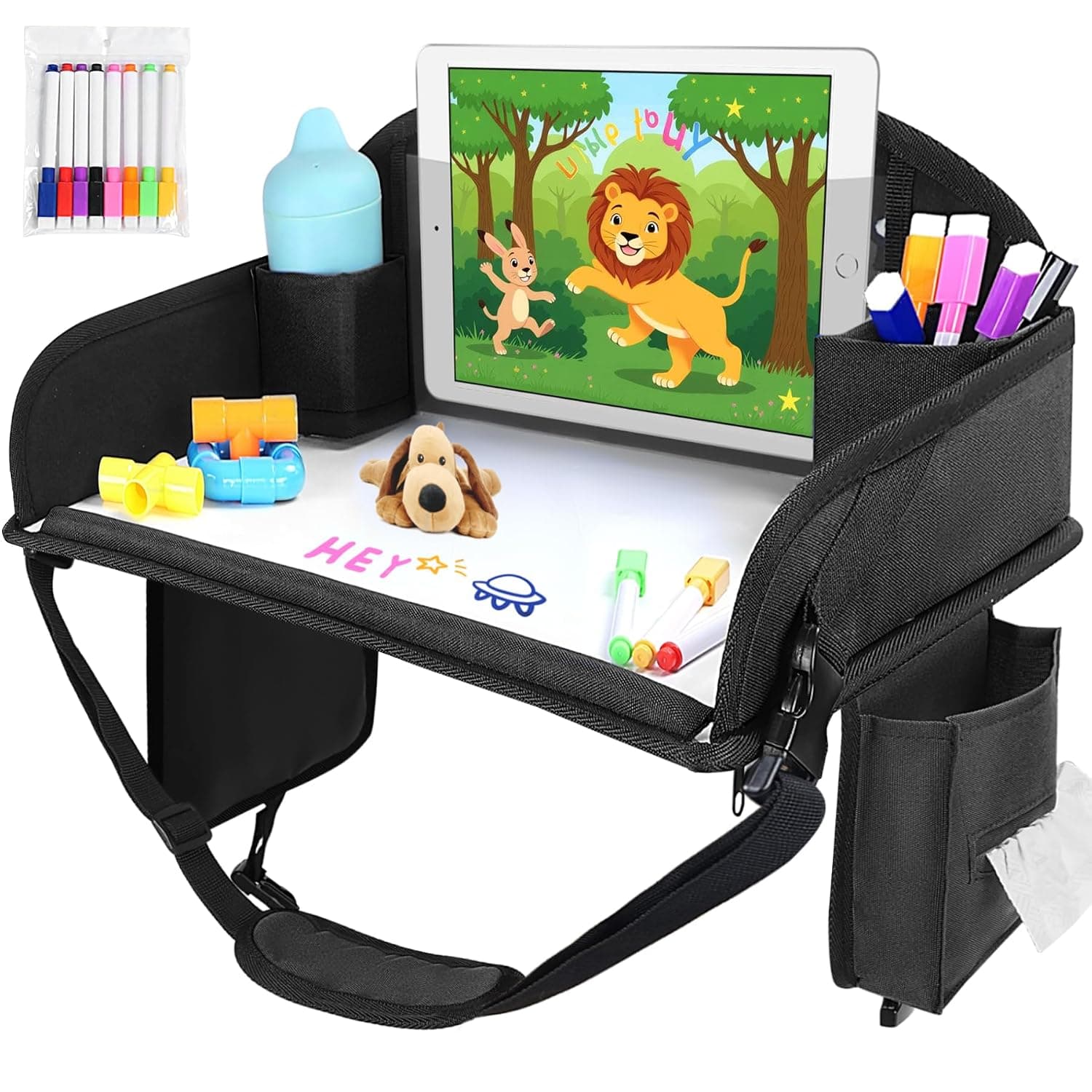 Kids Travel tray,Travel Tray For Kids Car Seat, Toddler Road Trip Essentials With Drawing Kit,Carseat Tray For Kids Travel, Travel Activities Road Trip Must Haves For Kids (Black)