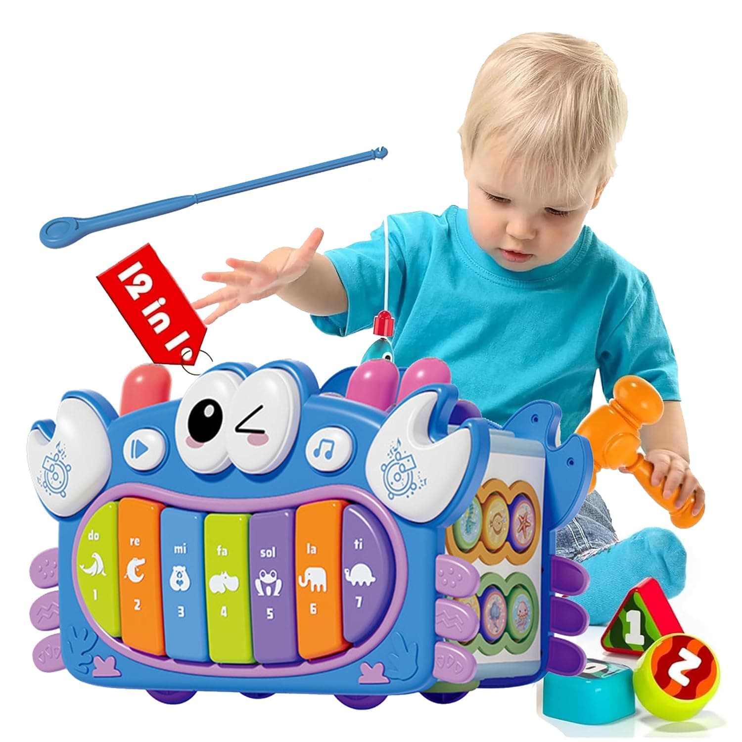 Andanna 12 in 1 Crab Baby Montessori Toys for 3 Year Old, Hammering Pounding Toys wtih Music & Lights, Activity Cube Shape Sorting Toy with Piano Hand Drum (Blue)