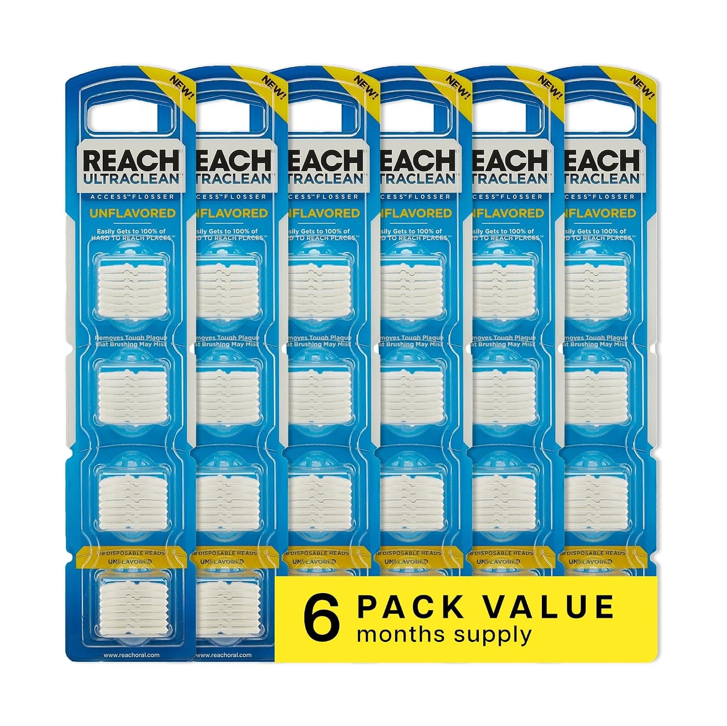 REACH Listerine Ultraclean Access Flosser Refill Heads, Unflavored, Plaque Remover for Teeth, Shred Resistant, for Hard to Reach Areas, Oral Care, PFAS Free, for Adults & Kids, 6 Pack, 28 Count