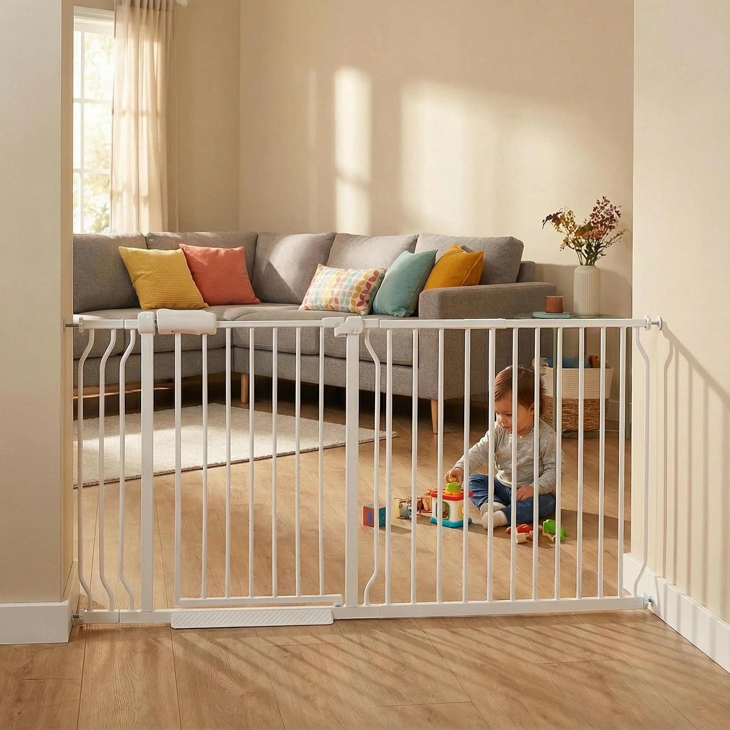 Extra Wide Baby & Dog Gate 62-67 Inch Pressure Mount Indoor Safety Gate | Long Dog Gates for The House with Easy Walk-Thru Door,No Drill-Pressure Mounted Pet Gate,Auto‑Close Child Gate,White