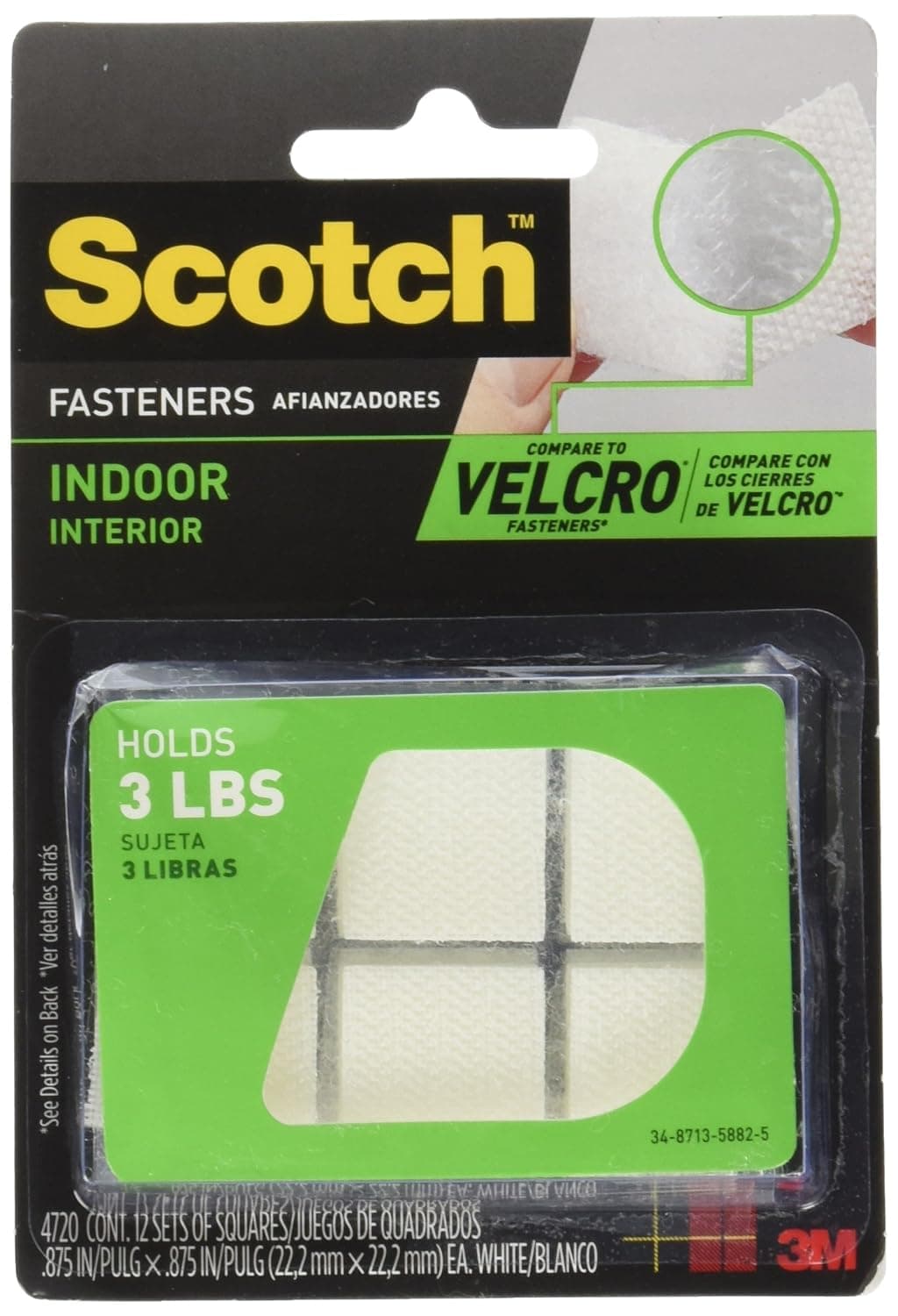 Scotch Mount Indoor Fasteners .875 in x .875 in (22.2mm x 22.2mm), 12 Sets (24 squares)/pack | Holds up 0.45 kg per set | White color | Multi-Surface | Easy to use | No Tools