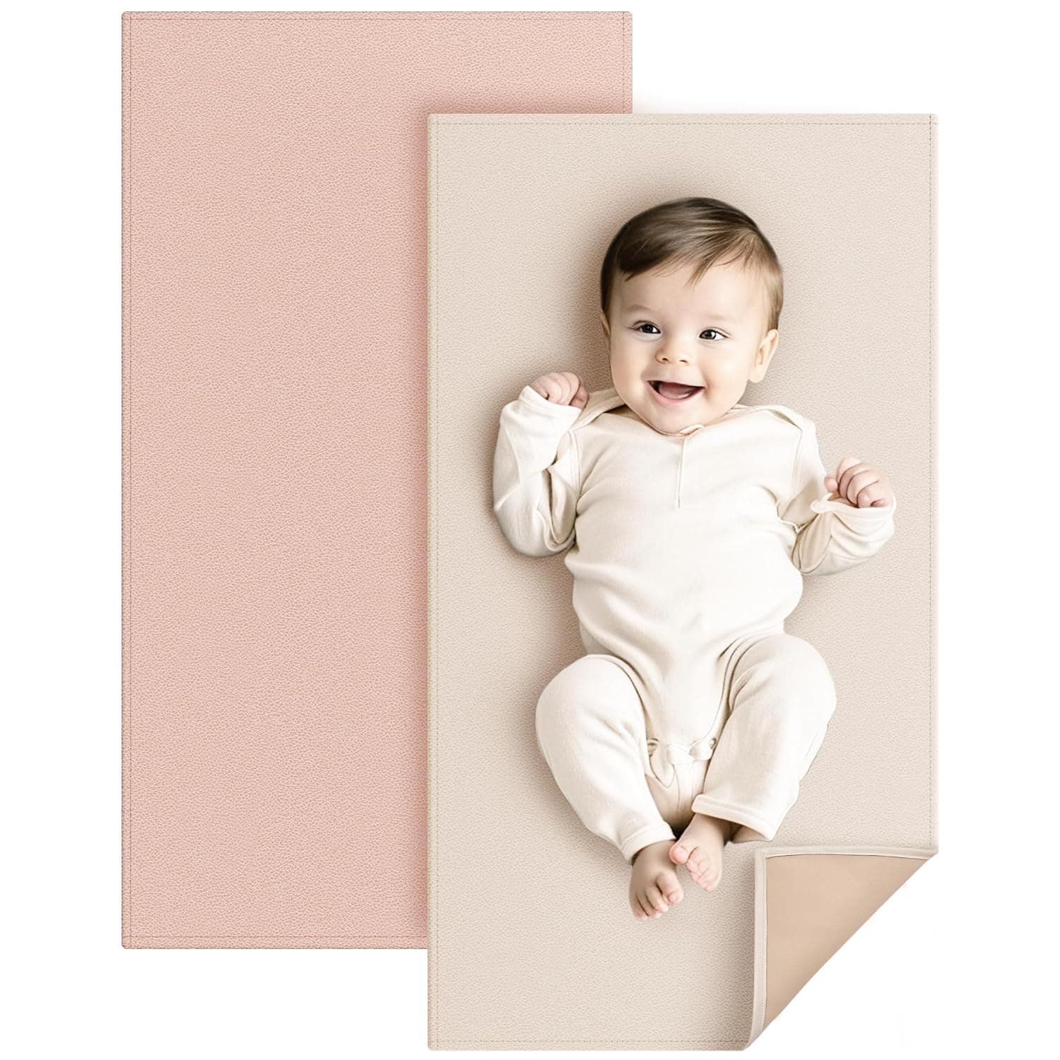 Faux Leather Baby Changing Mat 2 Pack, Waterproof, Wipeable & Portable Diaper Changing Pad for Travel, Home, Nursery – Foldable Mat Fits Perfectly in Diaper Bag, 30 x 17 inches (Blush,Beige)