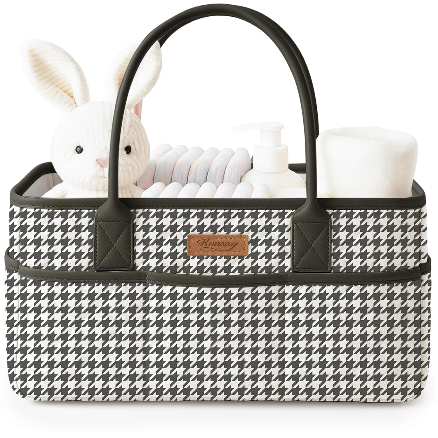 Konssy Baby Diaper Caddy Organizer, Floral Design with PU Leather Handles | Quilted Water-Repellent Diaper Caddy Basket with Removable Dividers, Baby Registry Gift, Newborn Essentials (Black Hound)