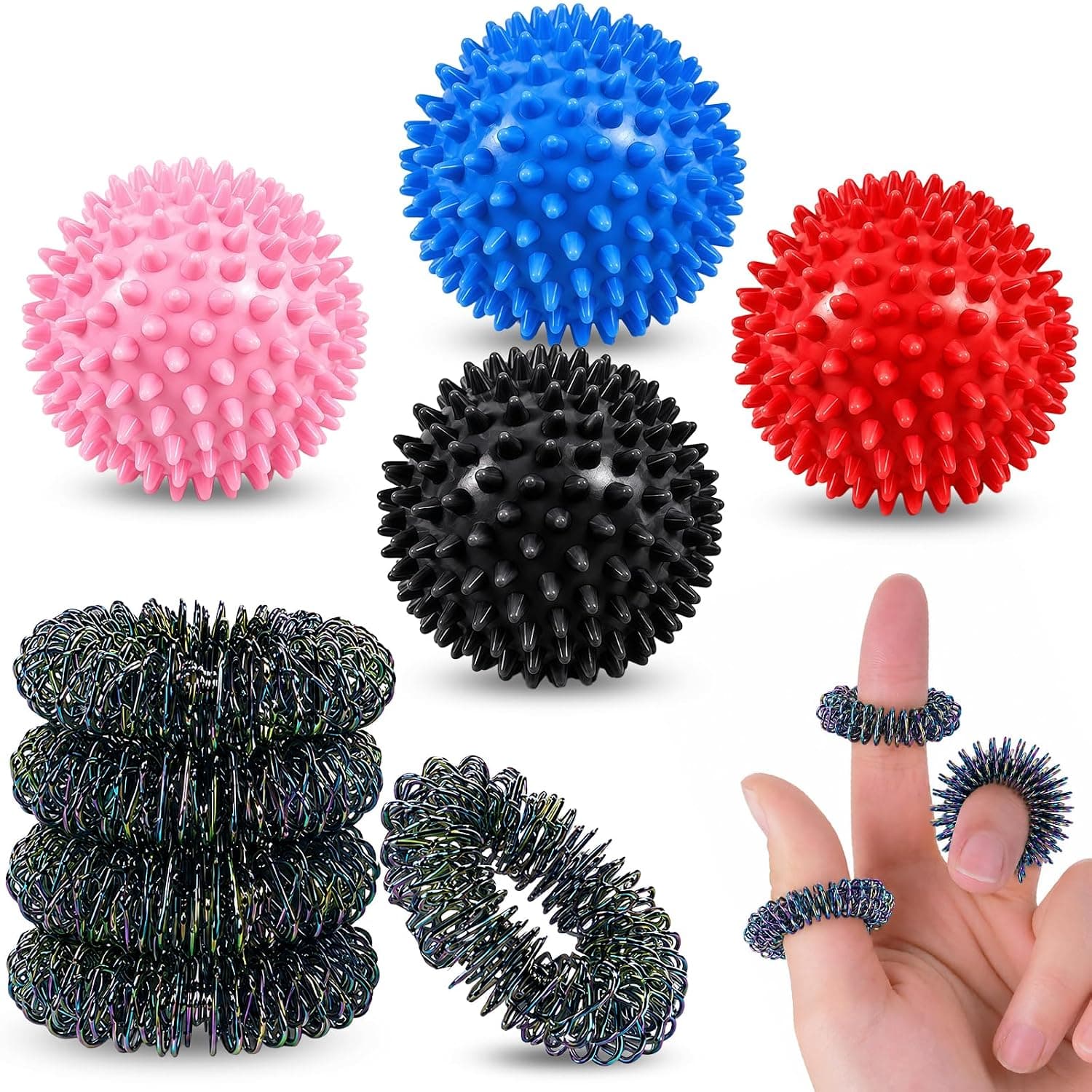 Hedgehog Ball Massage Set, 9 Massage Balls for Reflexology, Anti-Stress, Relaxation Gift, Massage Ball, Hedgehog Ball, Back, Neck, Hand, Foot - Ball with Nubs, Small, Hard & Medium
