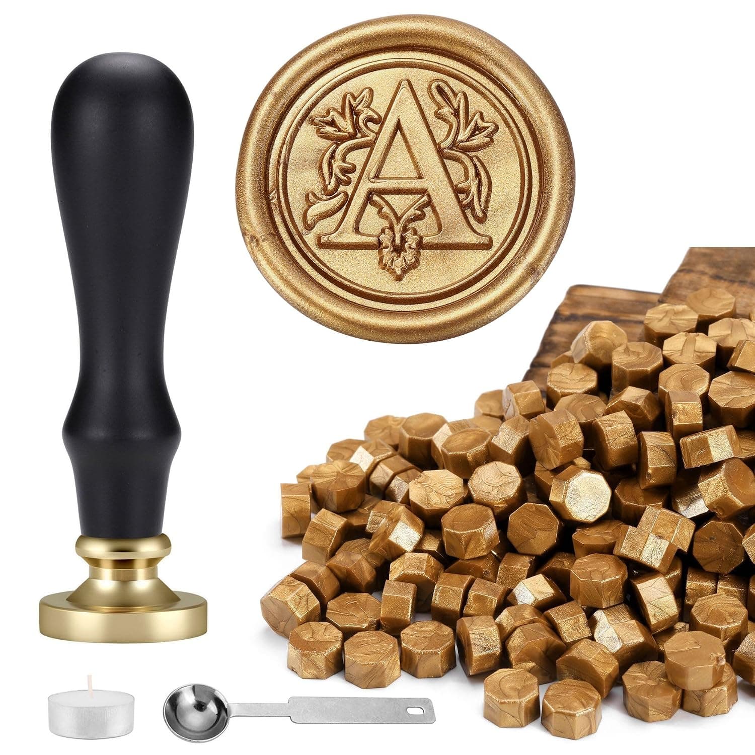 Yoption Letter A Wax Seal Stamp Kit with Antique Gold Sealing Wax Beads | Retro, Include Candle & Spoon, for Wedding Party Invitation, Christmas Card, Gift Wrapping, Envelope Seals