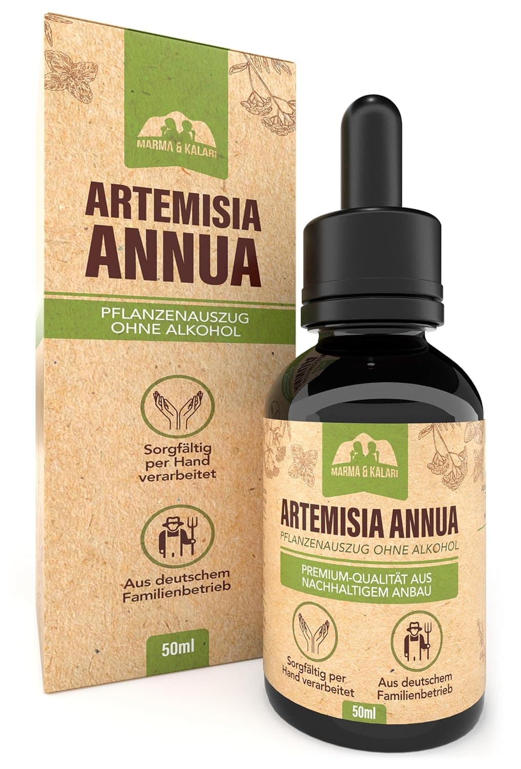 Premium Artemisia Annua 50 ml • 100% pure natural product • Original extract of annual mugwort • Alcohol free • Freshly harvested and hand processed • Made by a German family business