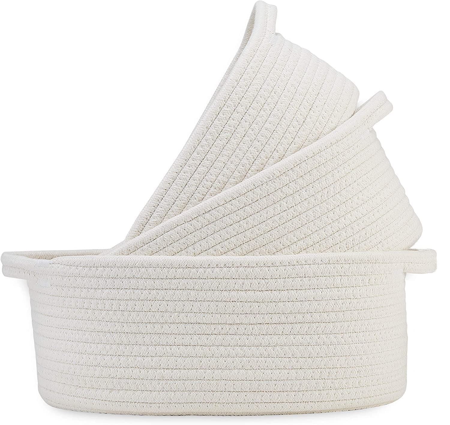 3-Piece Cotton Rope Baskets with Handles - 100% Natural Cotton! Oval Woven Storage Basket Set, Toy Basket, Small Soft Baby Nursery Baskets, Cat Dog Toy Basket, Gift, Bathroom (Off White) By BHOJAHKD.