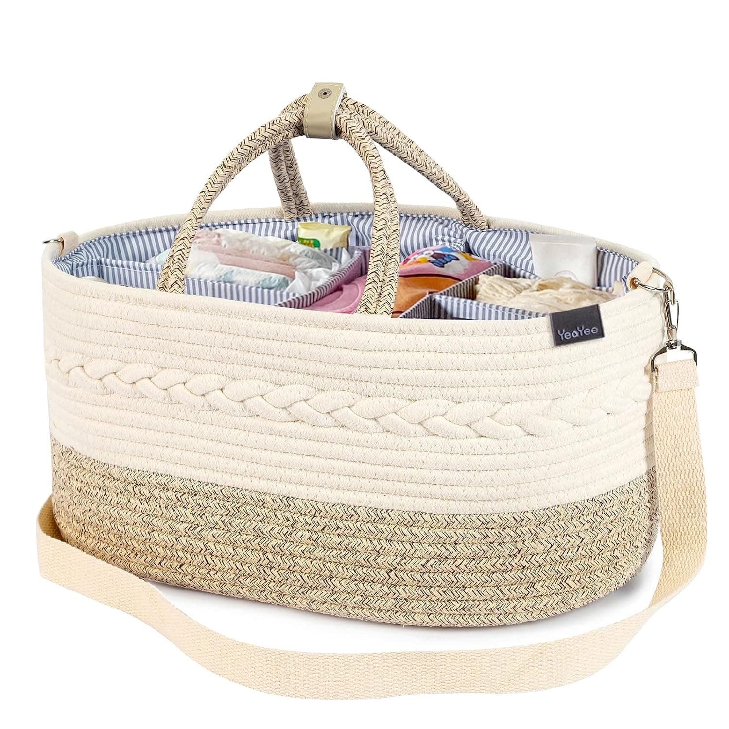 Baby Nappy Basket Organizer, Nursery Storage Basket with 3 Compartments, 100% Cotton Canvas, Portable Changing Basket, Newborn Gift