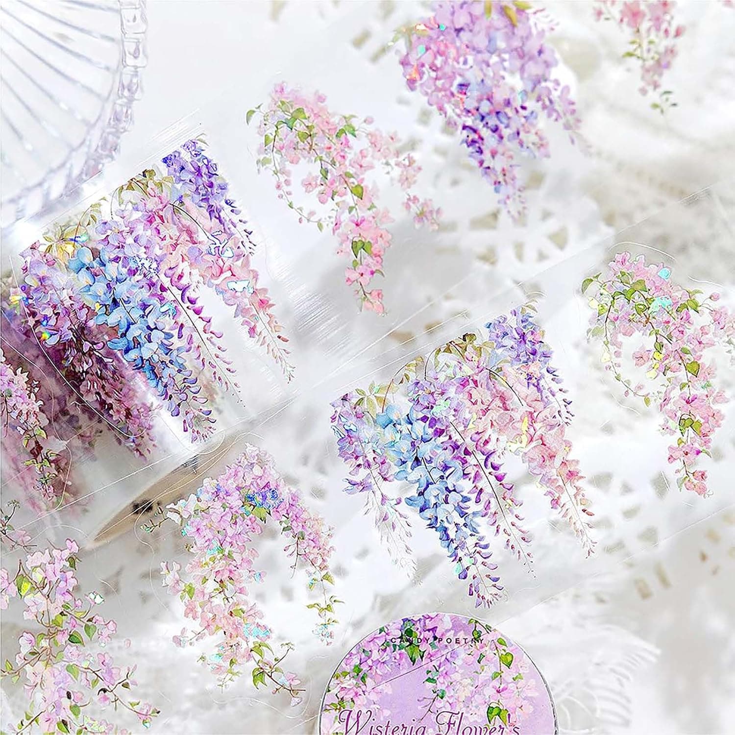 1 Roll Floral Washi Tape, Transparent PET Glitter Vine Stickers for Scrapbooking, Journaling, DIY Crafts, Decorative Flower Tape for Junk Journal, Gift Wrapping, and Card Making (50mm x 2m)