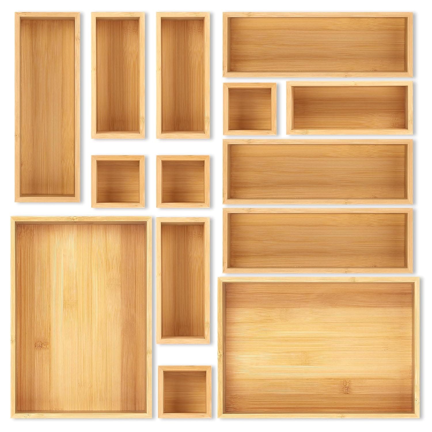 Bamboo Drawer Organizer Set, 14 PCS Multi-Use Individual Wood Storage Organizers, Junk Drawer Divider and Storage Trays Containers for Kitchen, Bathroom, Office Desk, Makeup, Jewelry, Utensils | Multi-Use Junk Drawer Divider, Storage Trays Containers for Kitchen, Bathroom, Office Desk, Makeup, Jewelry, Utensils