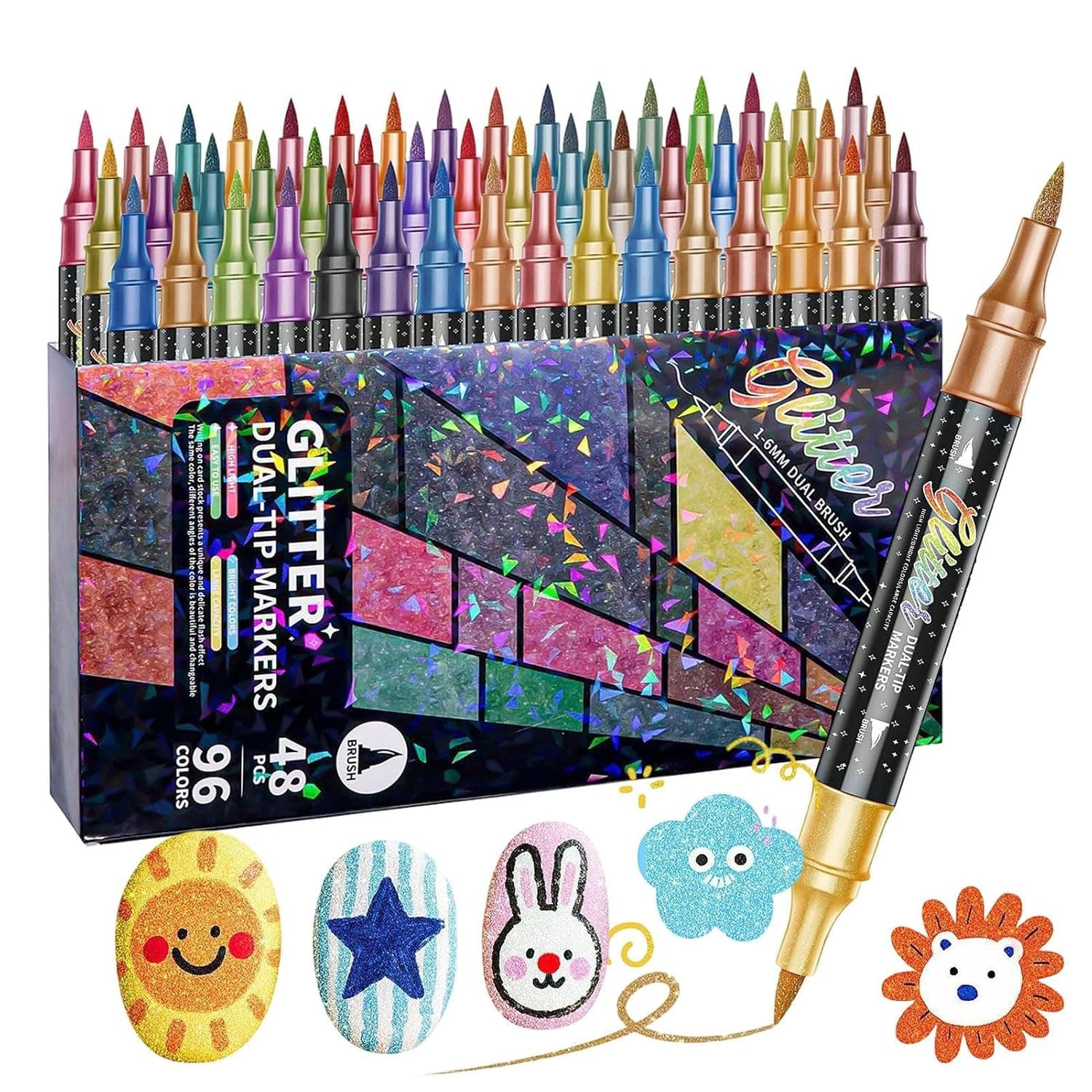 Glitter Colors Acrylic Paint Markers, Double Tip Glitter Brush Markers Pens for Adults & Kids, glisten Pens for Cards, DIY Crafts, Doodle, Writing