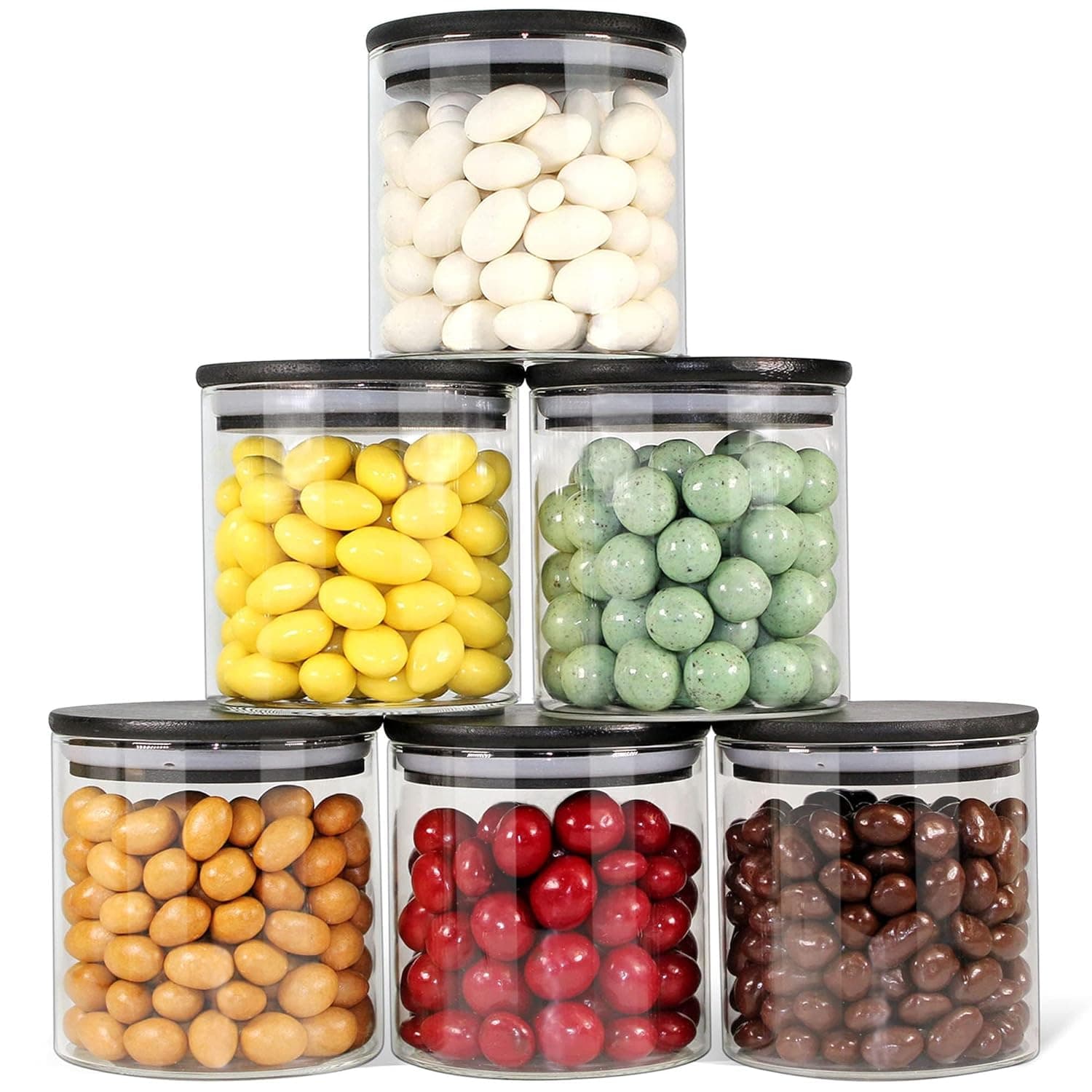 Glass Jars with Black Lids, 6 Pack Glass Food Storage Containers with Airtight Lids, Glass Kitchen Canisters Sets, Food Storage Containers with Stackable Lids Spice and Herbs(16oz)