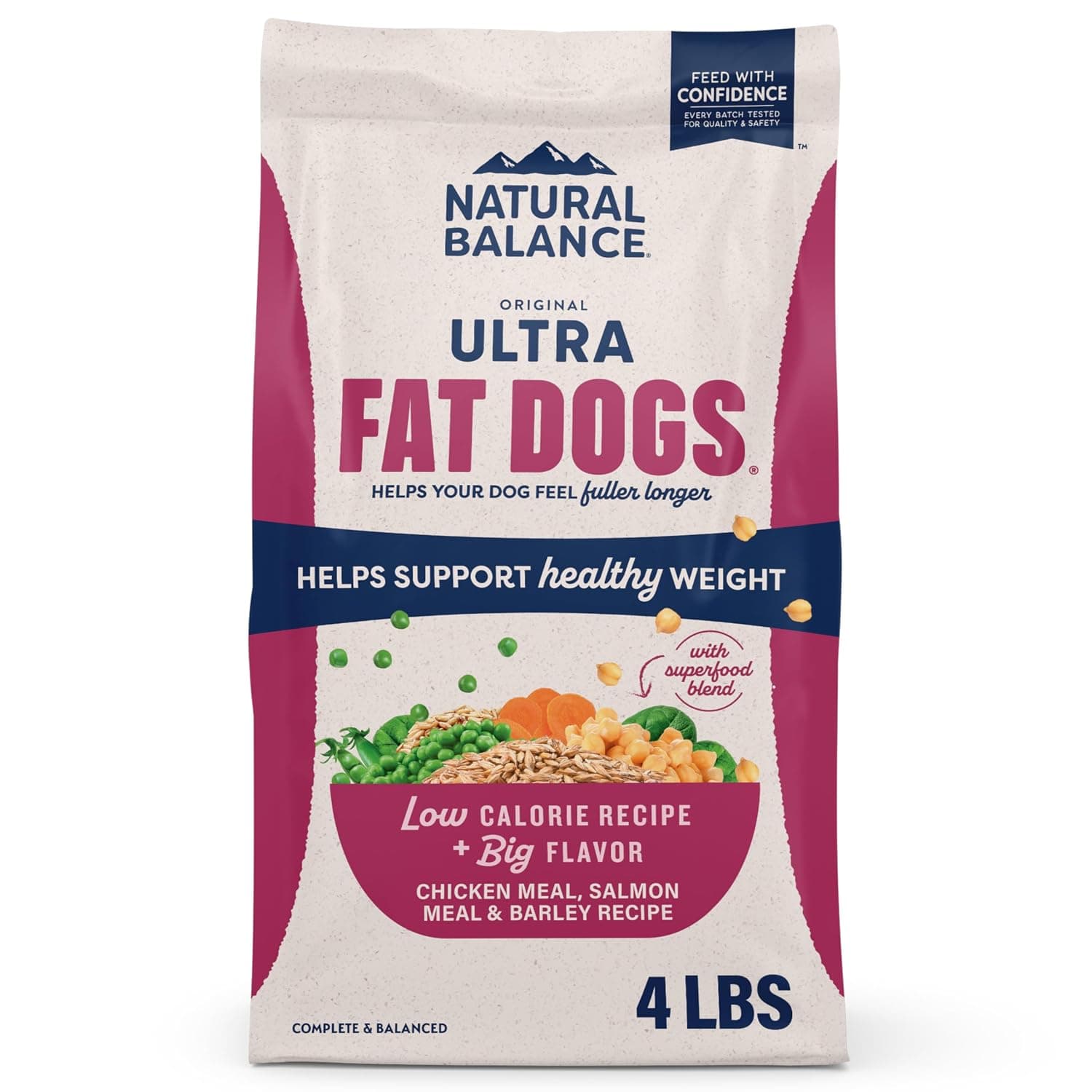 Natural Balance Original Ultra Fat Dogs Chicken Meal, Salmon Meal & Barley Recipe Adult Dry Dog Food, 4 lbs. | Low-Calorie Dry Food for Overweight Adult Dogs, Includes Superfood Blend and Taurine, Helps Pet Feel Fuller Longer