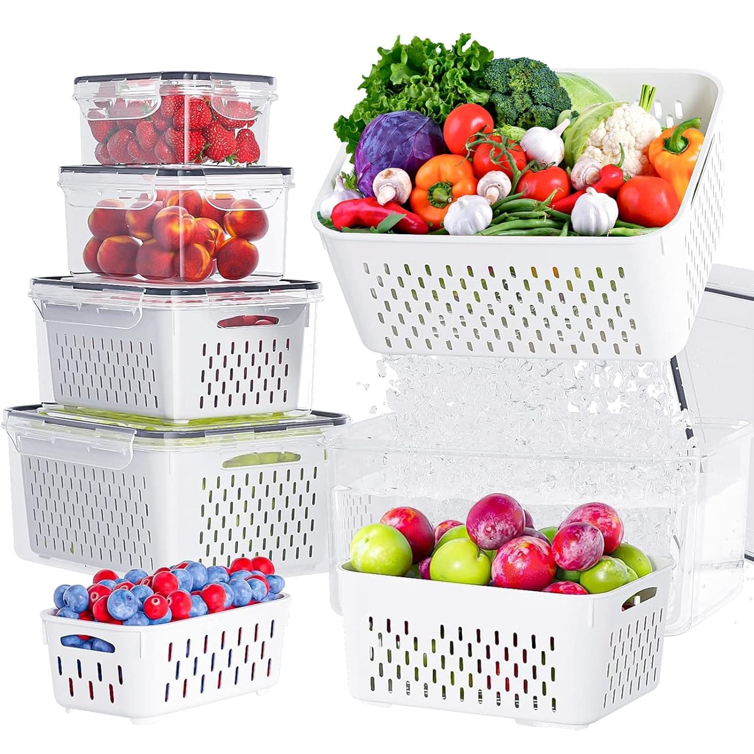 Yoawllty 5-Pack Fruit Storage Containers for Fridge with Removable Colanders, 4 in 1 Produce Storage Containers with Lid for Salad Berry Lettuce Vegetables Meat Keeper