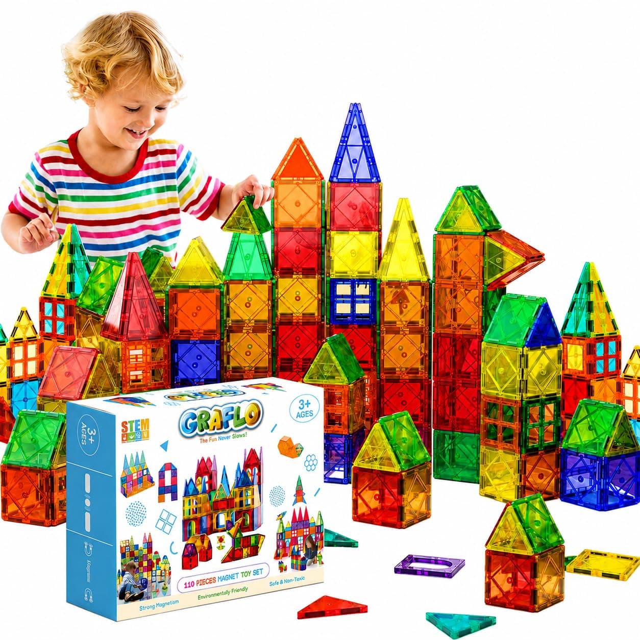 GRAFLO Magnetic Tiles 110 Pcs Building & Construction Set Vibrant 3D Building Toys - Magnetic Tiles for Kids - STEM Toy - Magnet Puzzles Stacking Blocks for Boys Girls - Ages 3-10