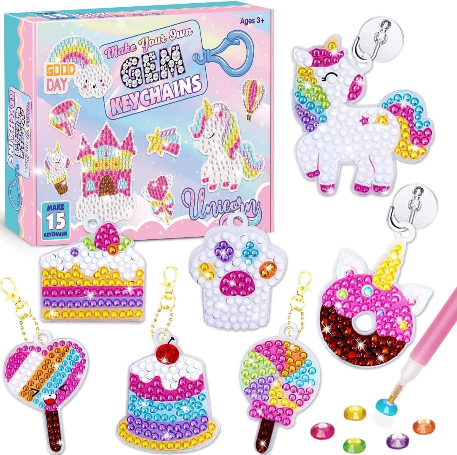 Diamond Painting Kit for Kids, Make Your Own Keychains, Acrylic Paint by Number, Arts and Crafts DIY for Girls and Boys, Unicorn Design, 15 Pcs